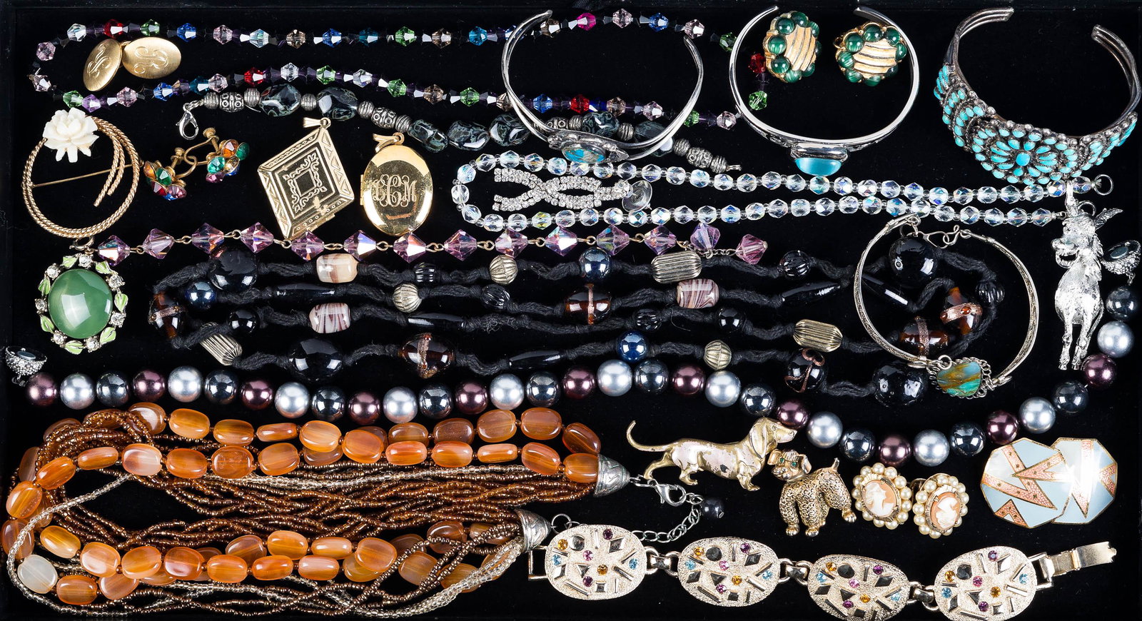 Bracelets, Necklaces, and Pins: Lot includes three Native style bracelets with turquoise, small aurora necklace, beaded necklace, and figural pins.