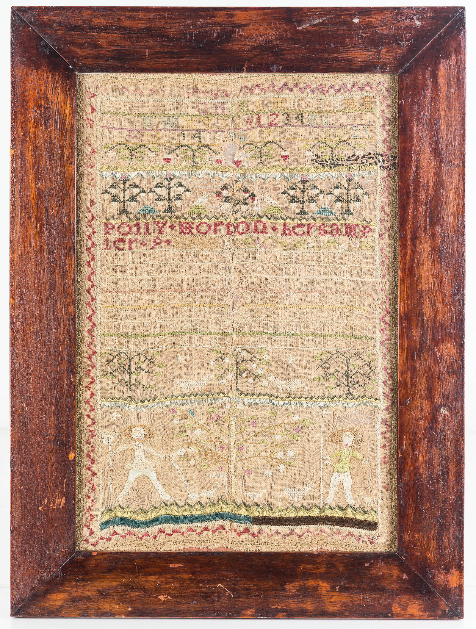 Polly Horton Sampler, ca. 1788: Sampler measures approximately 14"H x 9.5"W. It shows numbers and alphabets, as well as figures of two children and animals and trees, and a later poem in the back of frame. Sampler is signed "Polly H