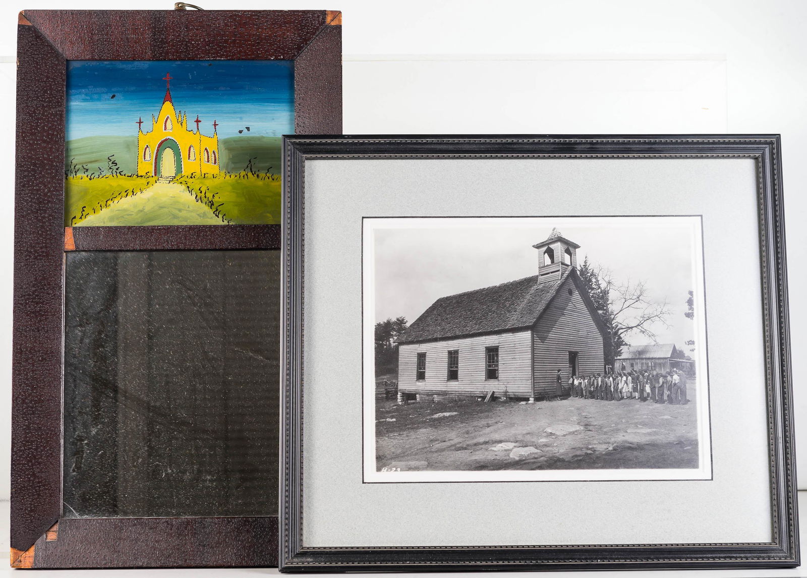 19th C Trumeau Mirror and Photograph: Lot includes trumeau mirror (approximately 19.5"H x 11.5"W) with reverse painted church at top and some veneer loss, and a photograph of a one room schoolhouse.
