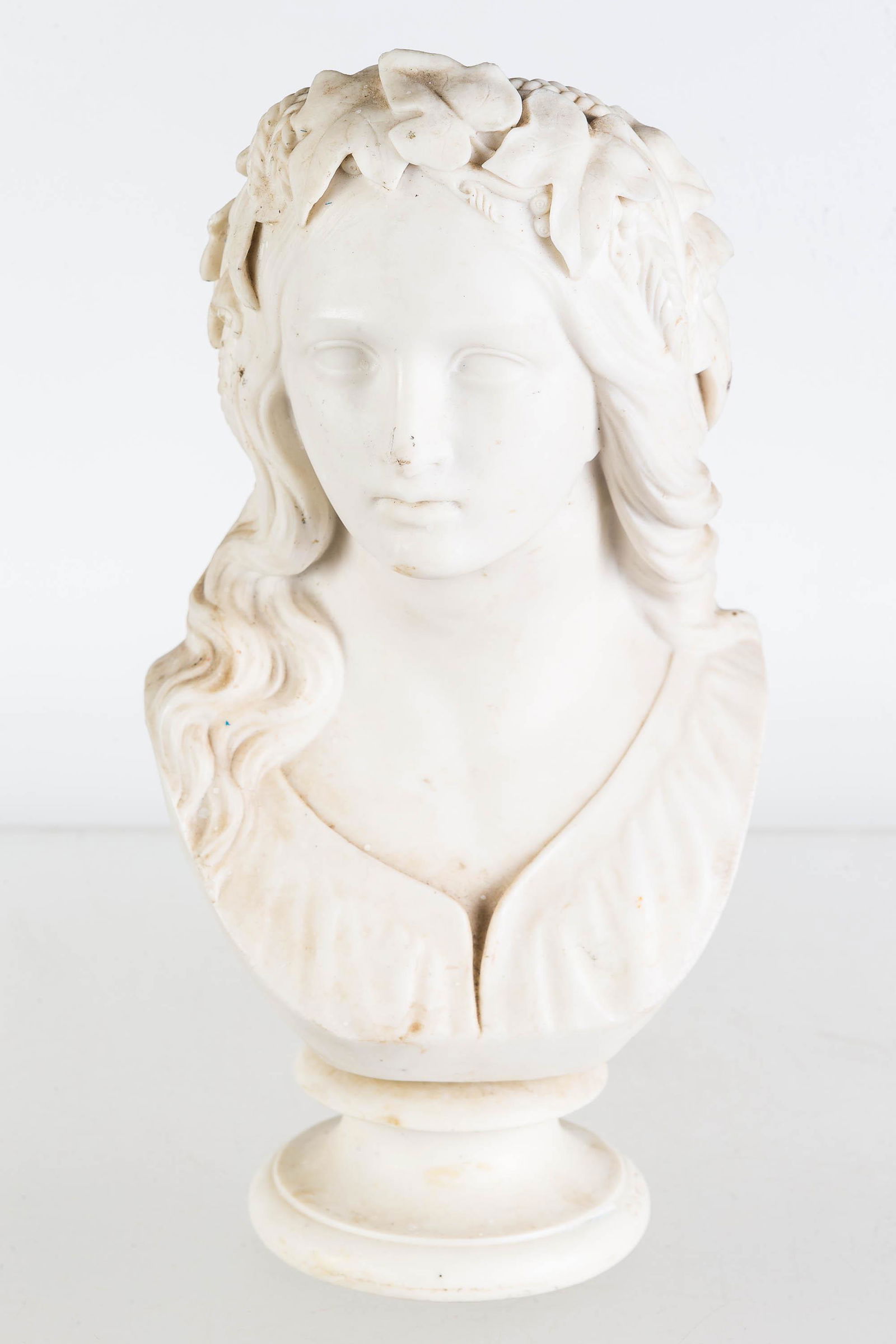 Stone Bust of Ophelia: Approximately 11"H. Produced from ground stone. Copy of W.G. Marshall statue. Clean. Dates to late 19th / early 20th C.