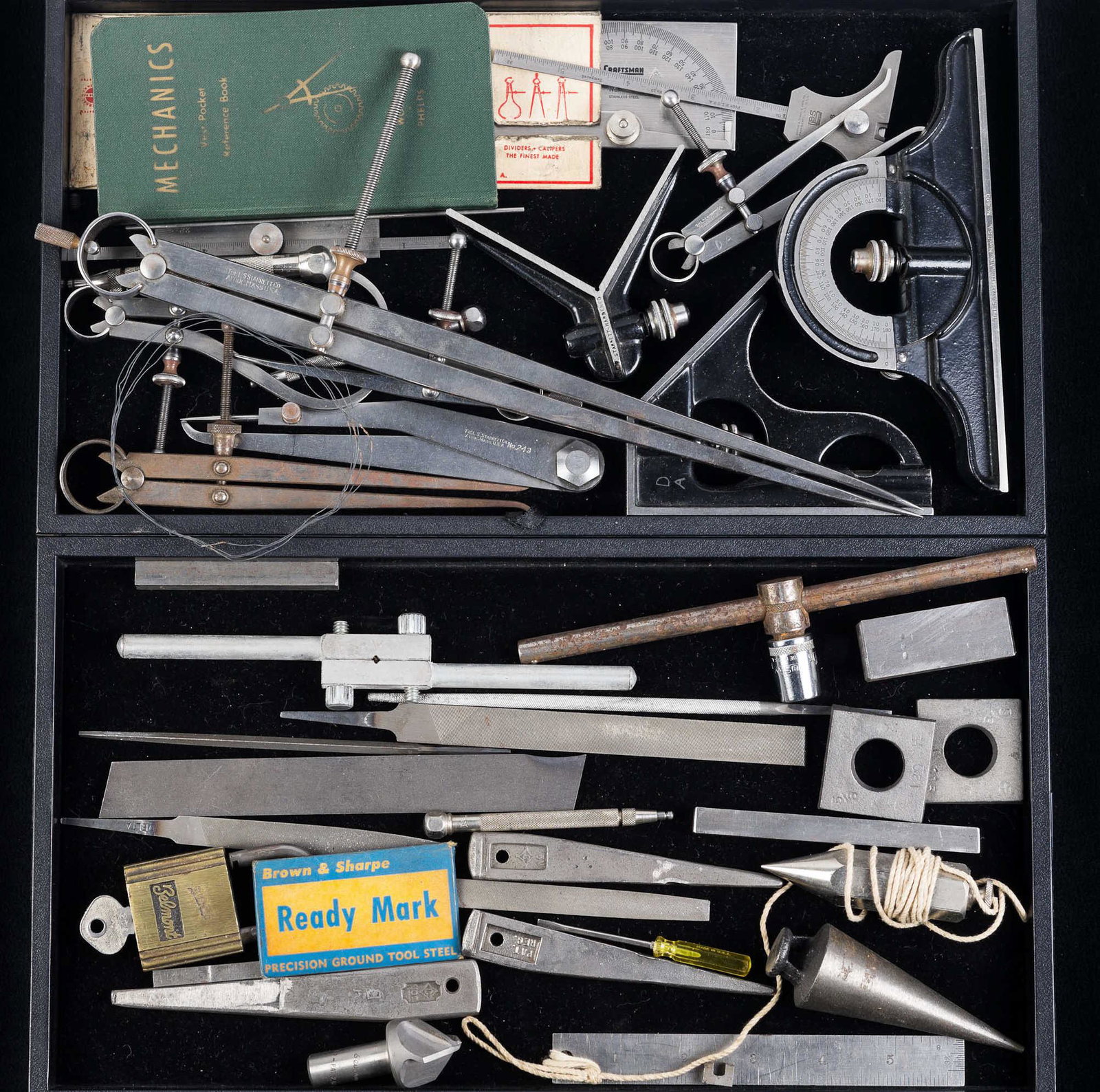 Machinist Tools: Lot includes calipers, squares, a depth gauge, plumb bobs, and related.