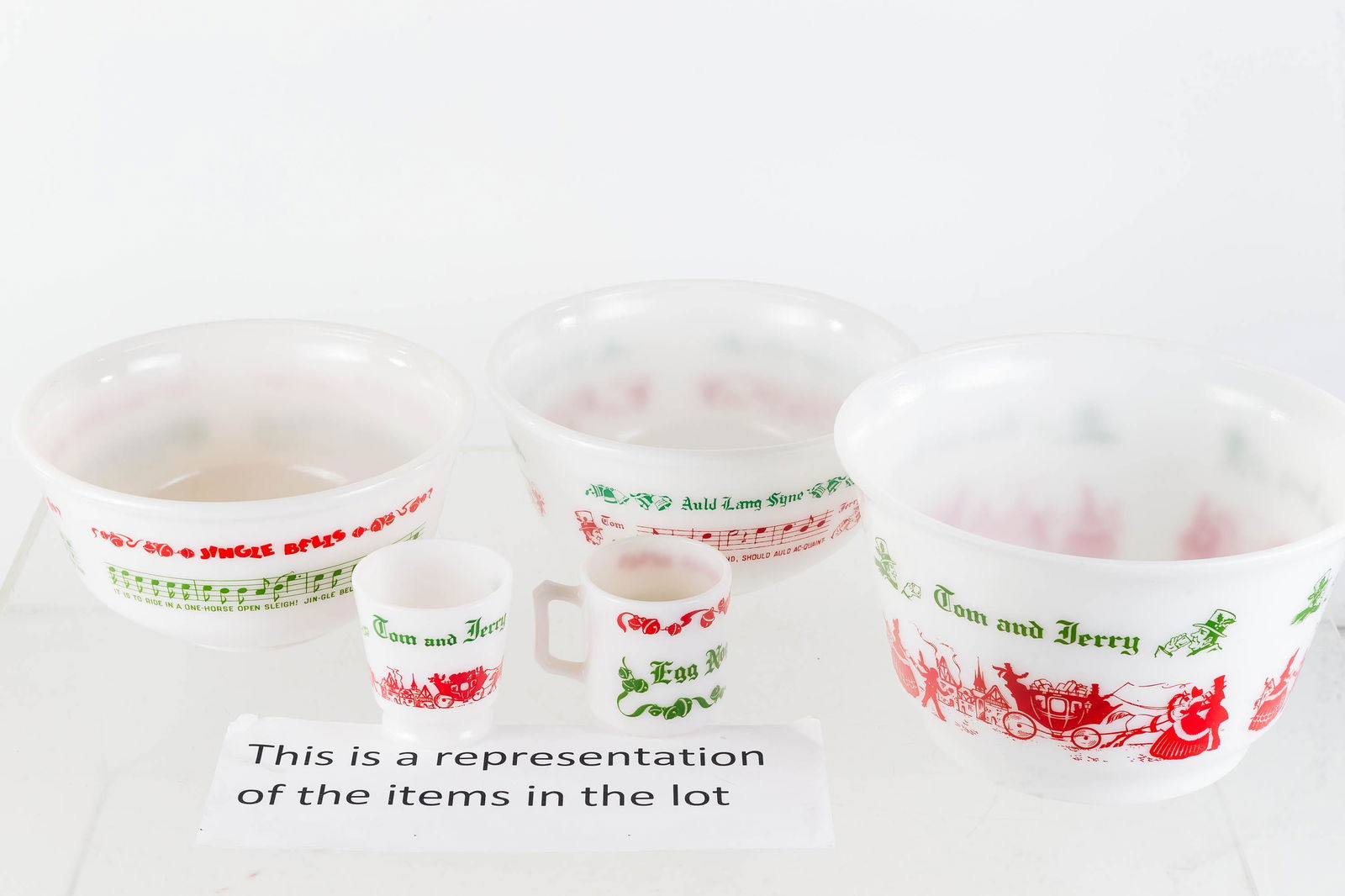 Hazel Atlas Tom and Jerry Holiday Punch Set: Lot includes 3 bowls, and 19 mugs.