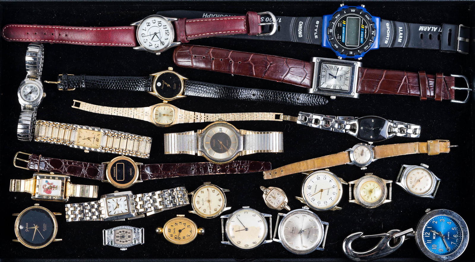 Collection of Men's and Ladies Watches: Men's watches include Scheffield Waterproof (marked Swiss Made), Gruen with day, and an alarm sports watch. Ladies watches include Ellen Tracy, Citizen Quartz, Sag Harbor, Croton Sea Queen (marked Swi