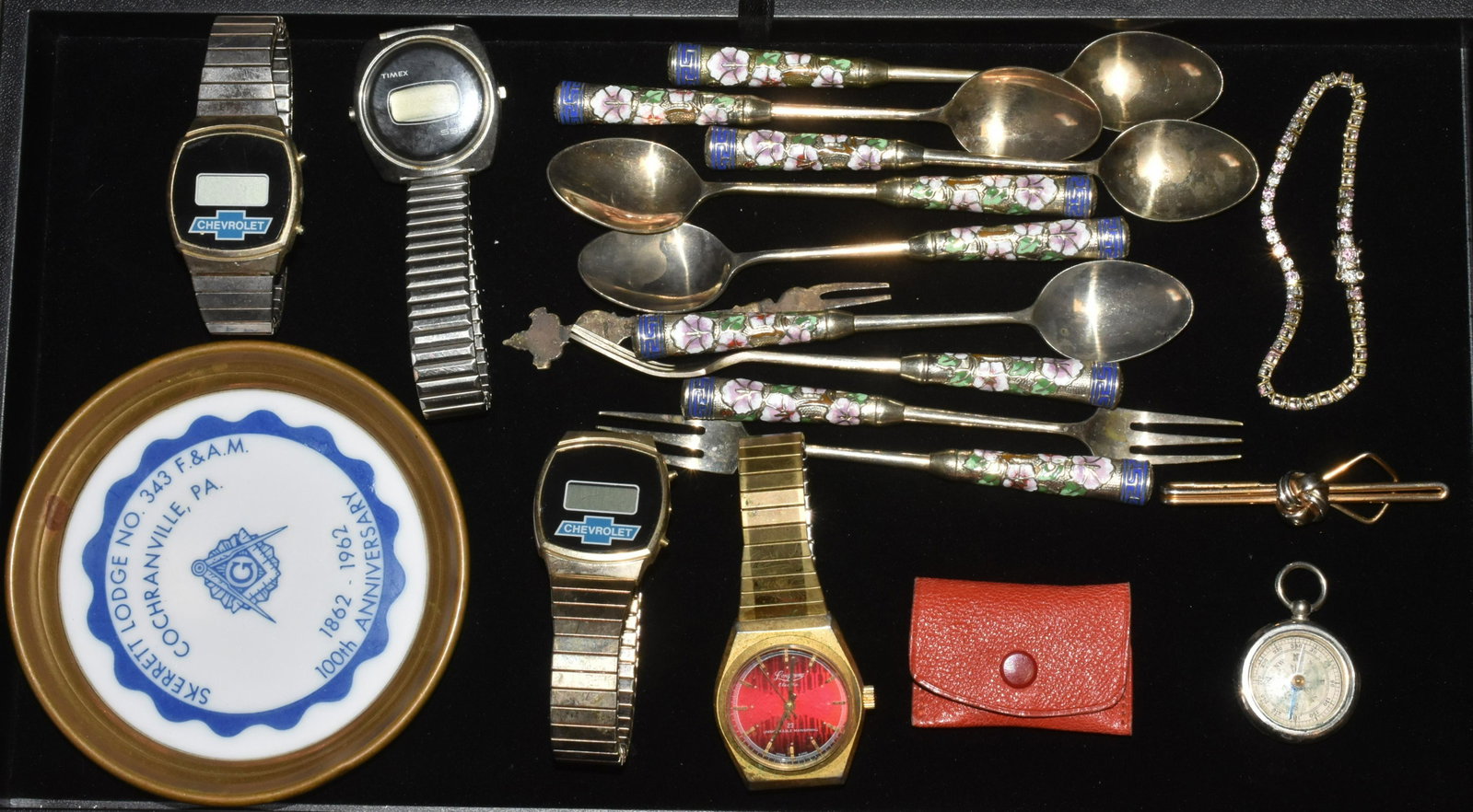 Enamel Spoons, Watches, and Eclectic Items: Lot includes Cloisonne Chinese enamel spoons, miniature compass from New England, Lucerne and other watches.