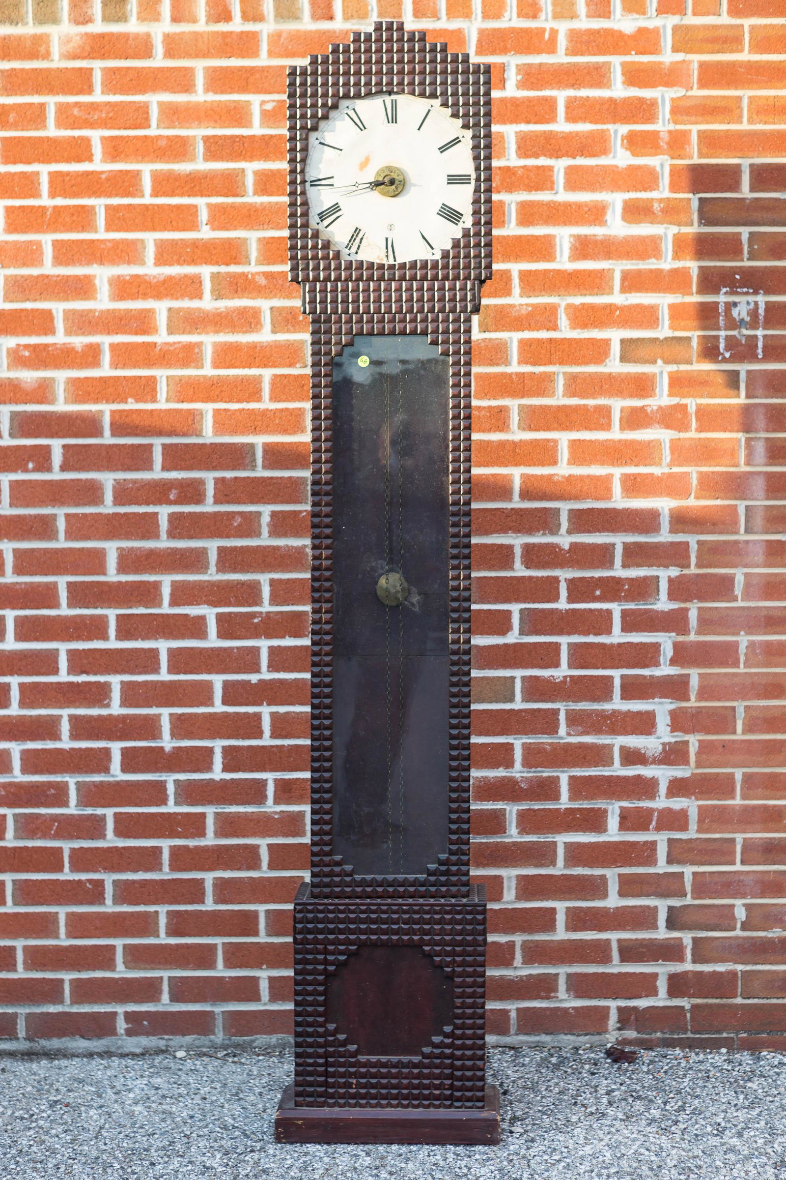 Tramp Art Sessions Tall Case Clock Early 20th: Approximately 79"H. Paper face with some loss. Made in USA. Session marking. Retains pendulum and weights.