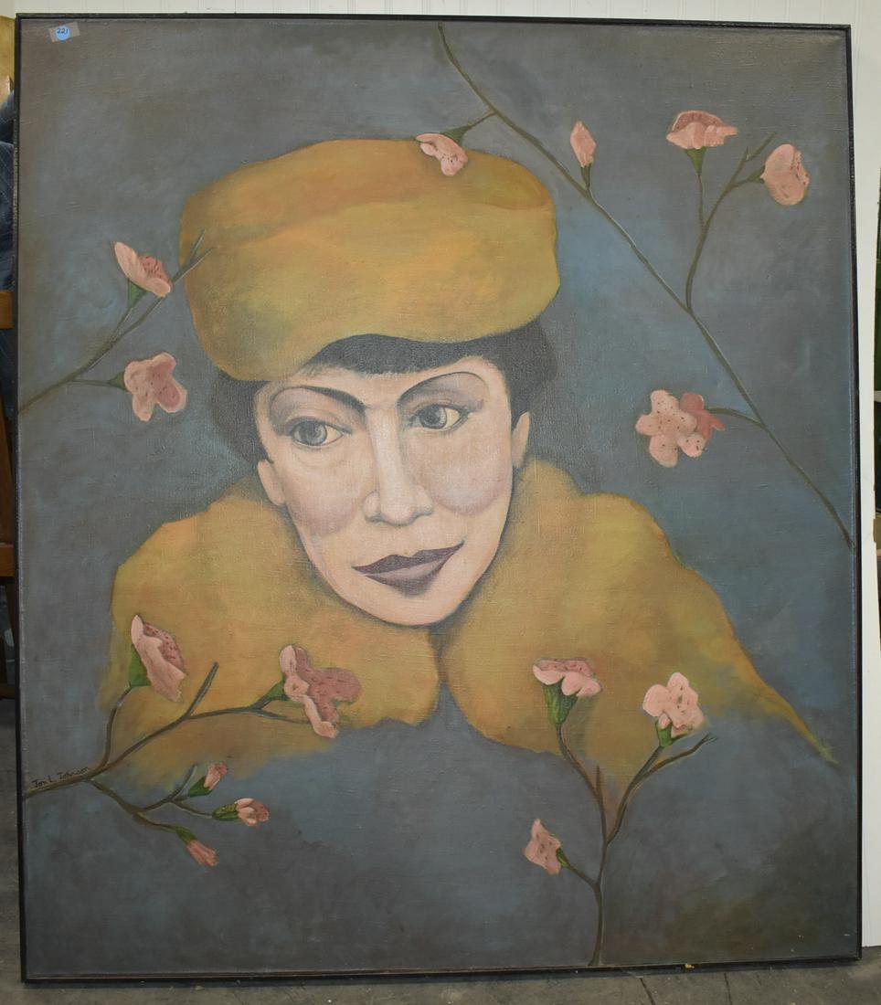 Large Portrait of Woman w/ Flowers: Large signed whimsical oil painting by Jon L. Johnson (signed lower left). Item measures approximately 51"H x 44.5"W. Woman in a hat, surrounded by flowers. Some damage to frame corners.