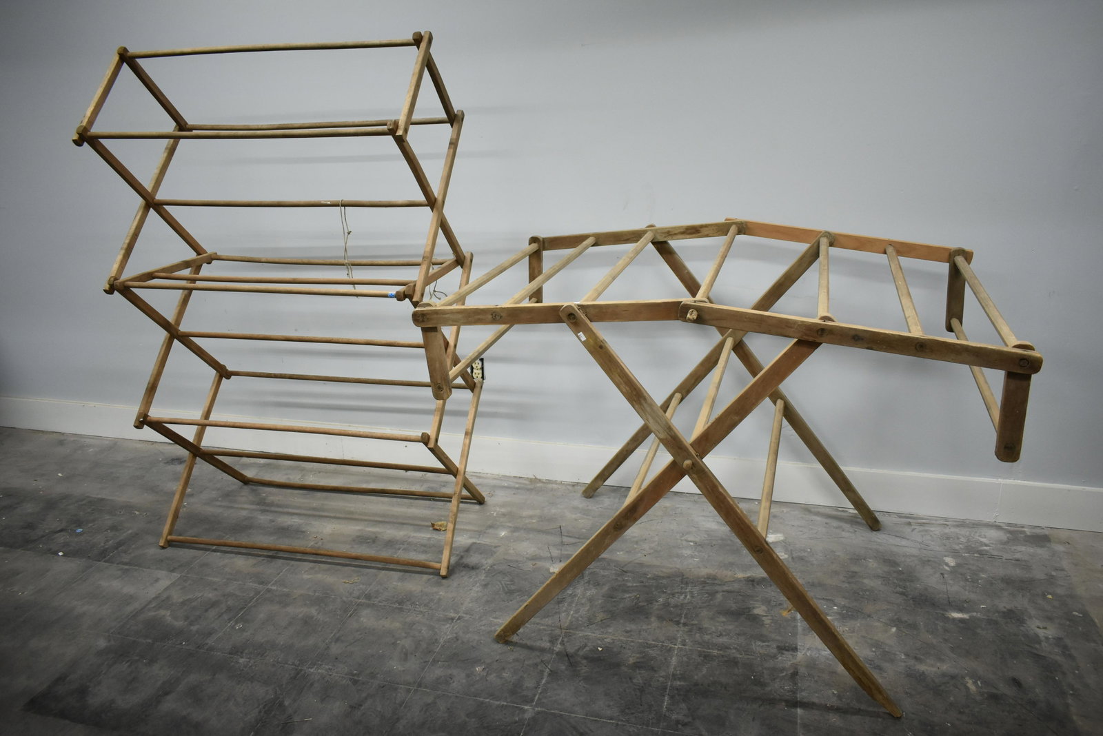 Two Vintage Drying Racks: Larger measures approximately 58"H x 35"W closed.