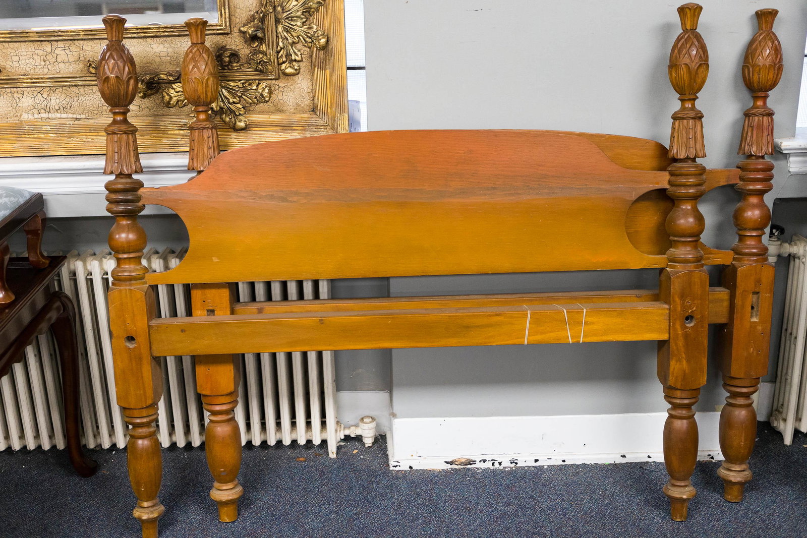 19th C Pineapple Top Rope Bed: Head and footboard (51"H x 56"W) with hand carved pineapple finials. Softwood construction