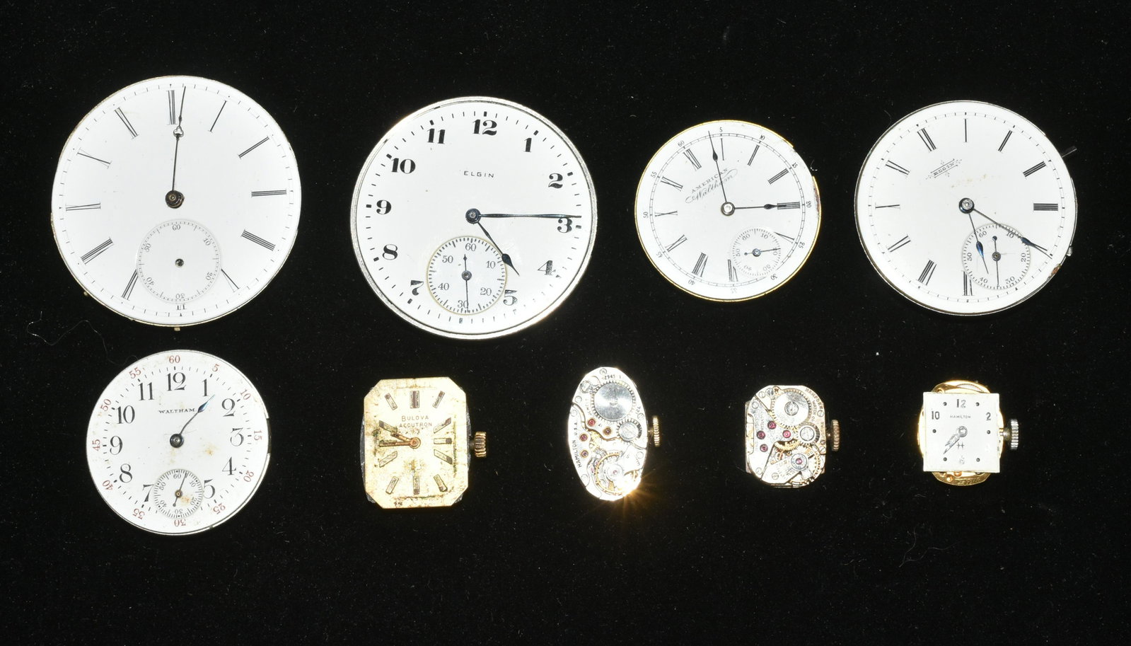 Watch Movements: Lot includes pocketwatch and wristwatch movements by Elgin, Waltham, Bulova, Hamilton, and more.