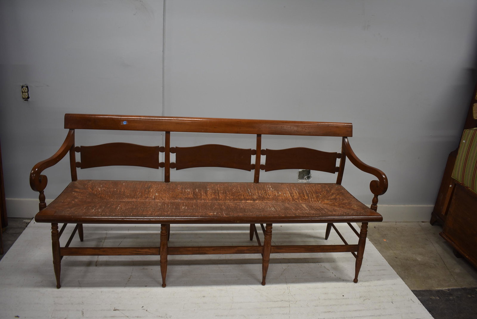 Settee with Rushed Seat, 19th C: Item measures approximately 33"H x 75"W x 19"D. Item has good rushed seat, and it is floor ready.