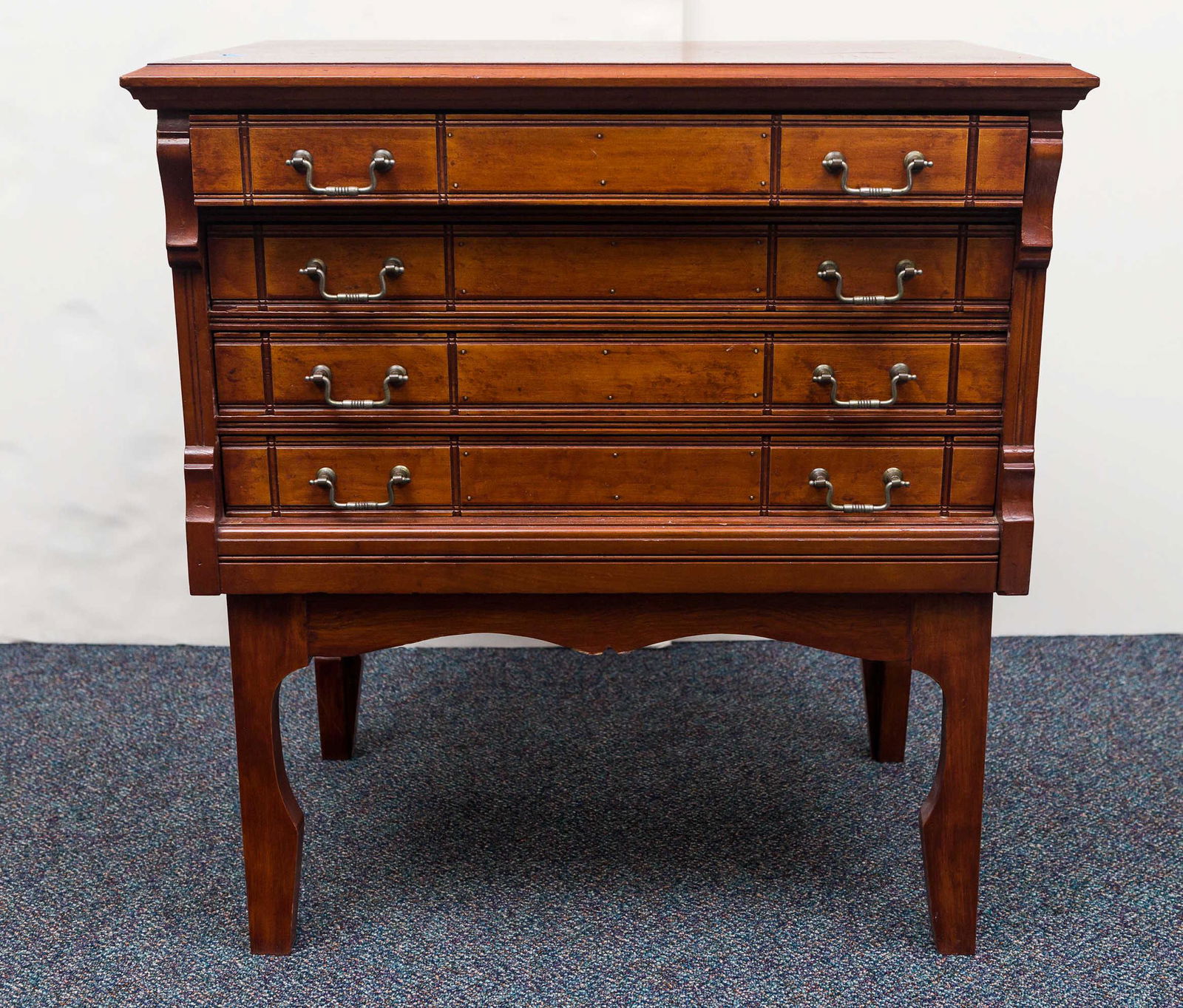 Spool Cabinet on Stand, Late 19th/Early 20th C: Item measures approximately 26"H x 24"W x 16"D. Four drawers with original matching hardware. Item is on tapered leg stand. Old re-finish.
