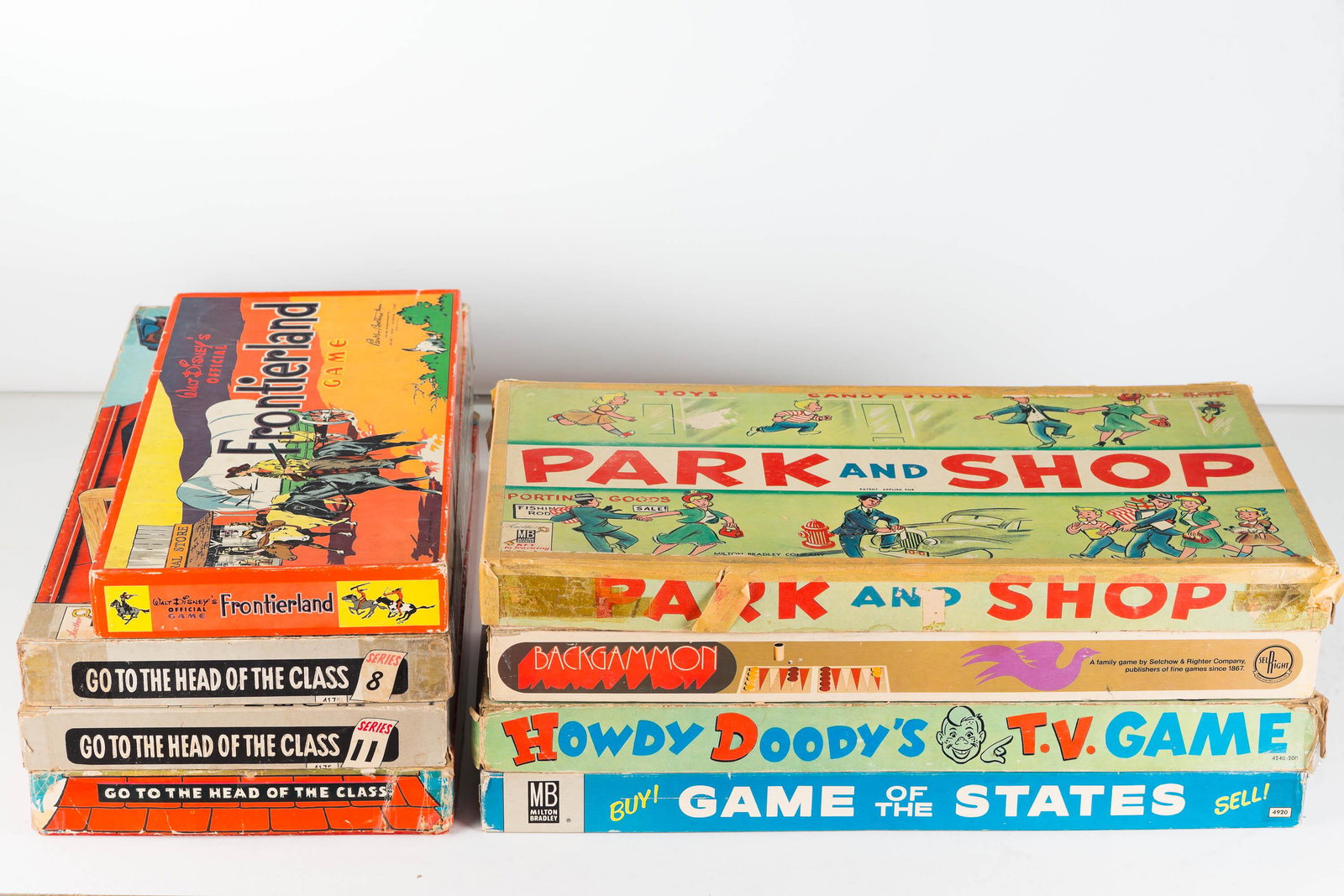 Collection of Vintage Games: Lot includes Park and Shop, Howdy Doody TV game, Disney Frontierland, various Go to the Head of the Class, and others.