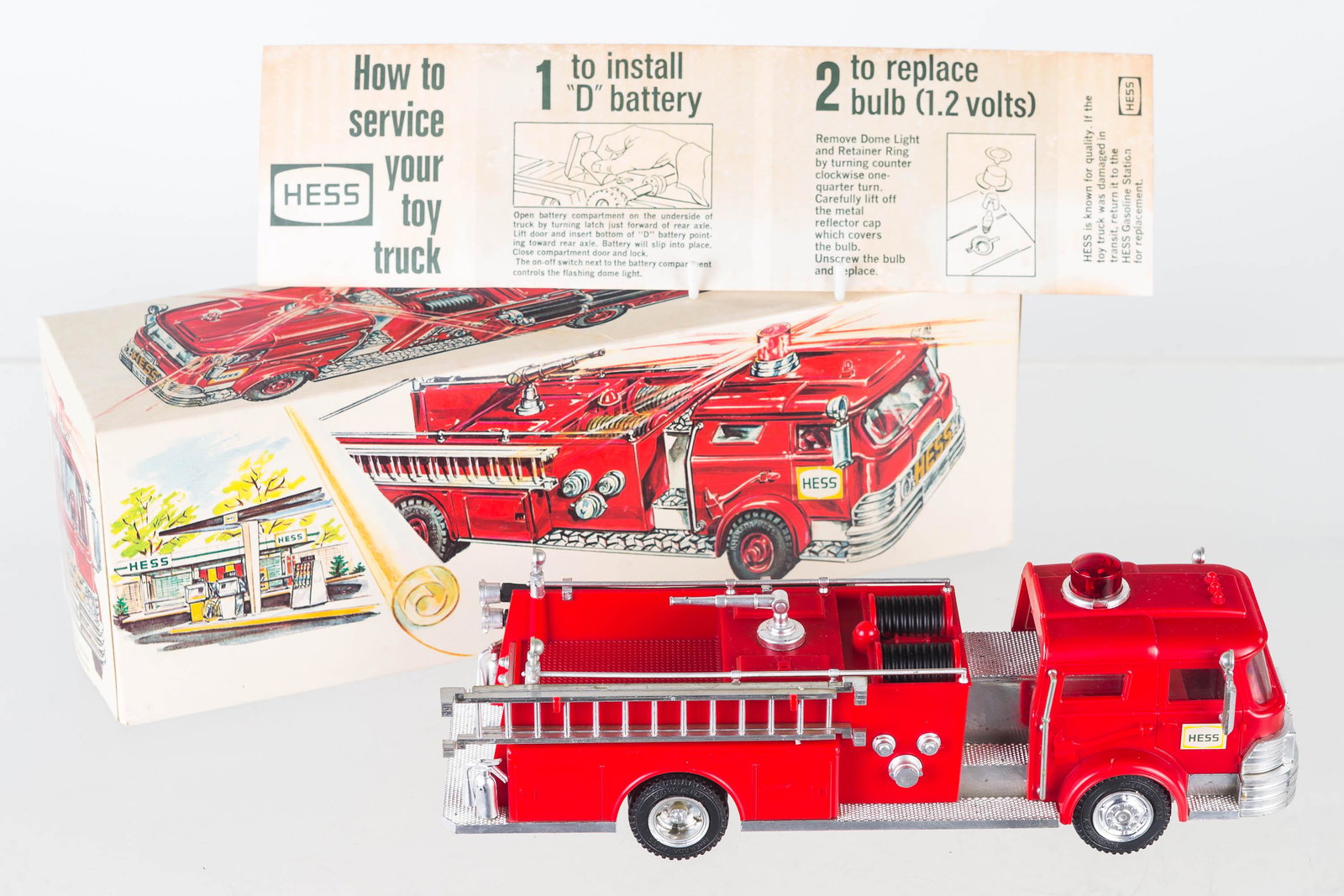 1970 Battery Operated Hess Truck Fire Engine: Item comes in original box. It has two ladders, two hoses, no broken parts. Battery cage is in good condition and it retains both fire extinguishers on rear.