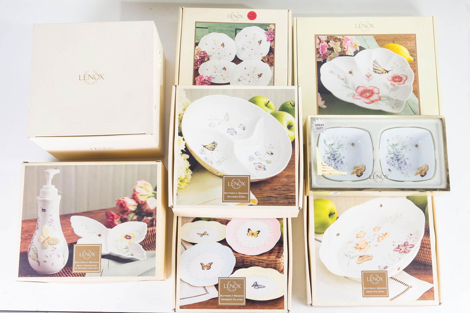 Lenox Butterfly Meadow NIB: Lot includes 8 boxes of Butterfly Meadow including soap dispenser and sponge holder, teapot, various plates, deep pie dish, heart dish and other pieces.