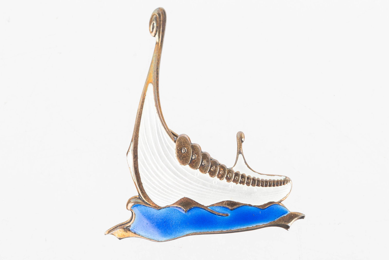 Vintage Sterling Enamel Ship Brooch: Blue and white enamel Viking ship brooch signed on reverse "Norway".