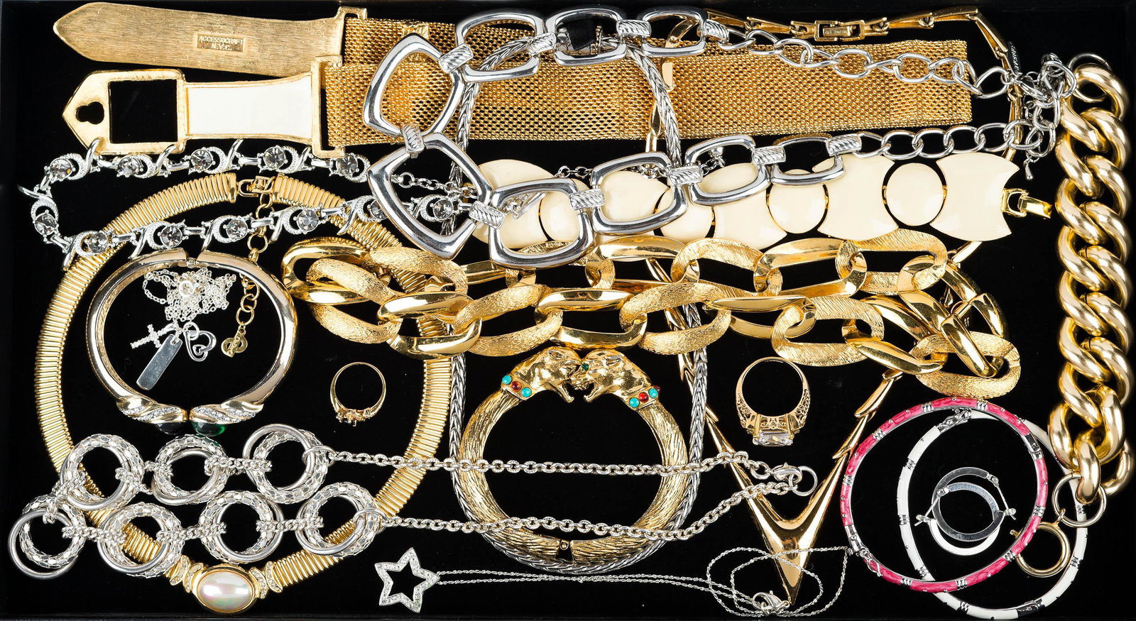 Vintage Estate Jewelry: Panther head "Richelieu" bangle and cabochon green stone bangle and gold tone necklace bracelets, belts, and more.
