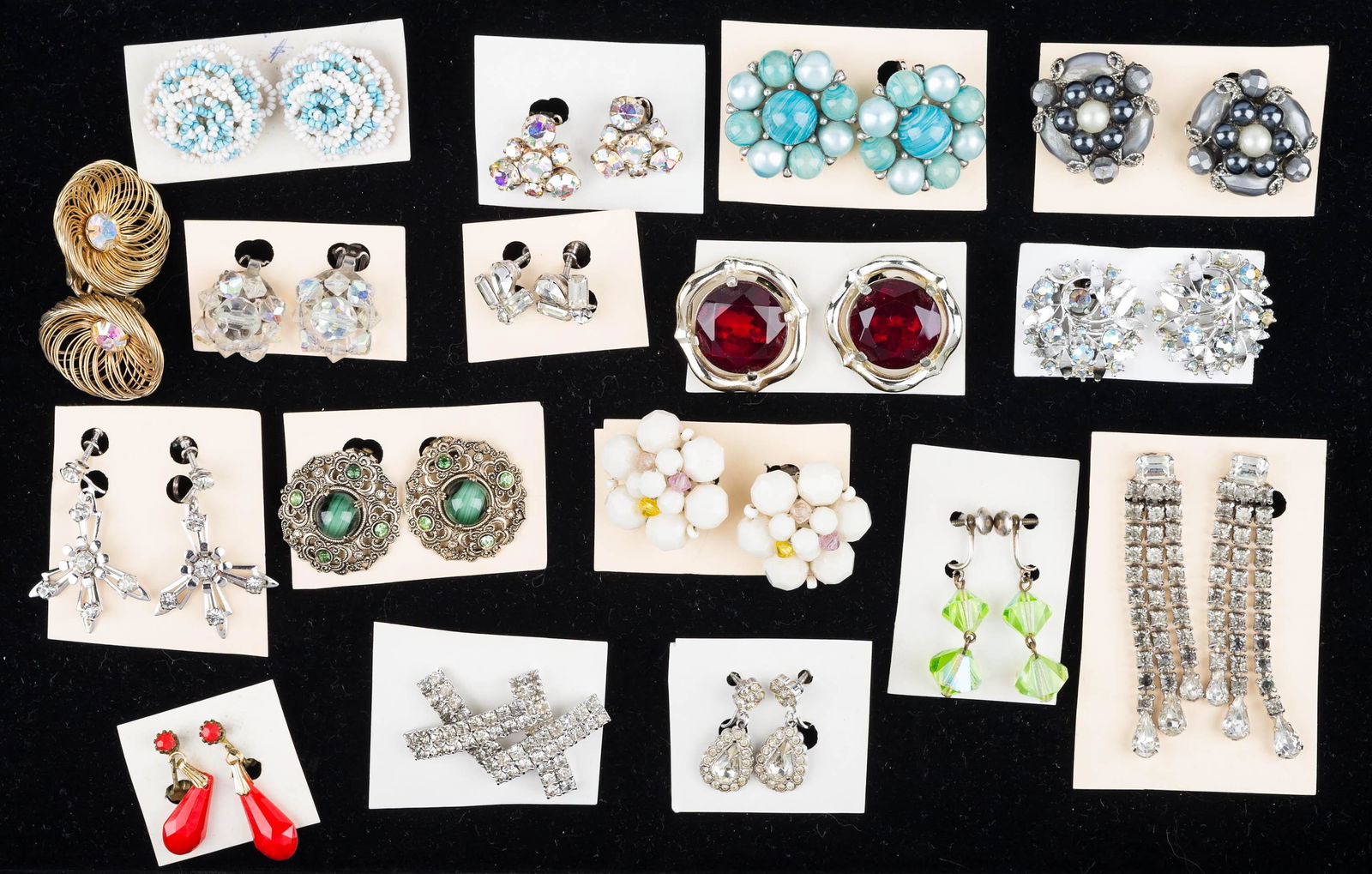 Vintage Estate Earrings: 17 various pairs of rhinestone and plastics, including one signed Kramer.