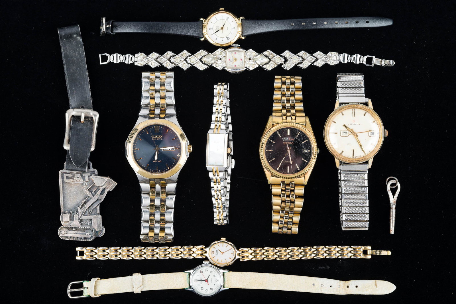 Watch Collection: Vintage to contemporary watches, including man's Citizen Eco Drive, and ladies Citizen Eco Drive, Seiko, Helbros, Caterpillar fob, and more.