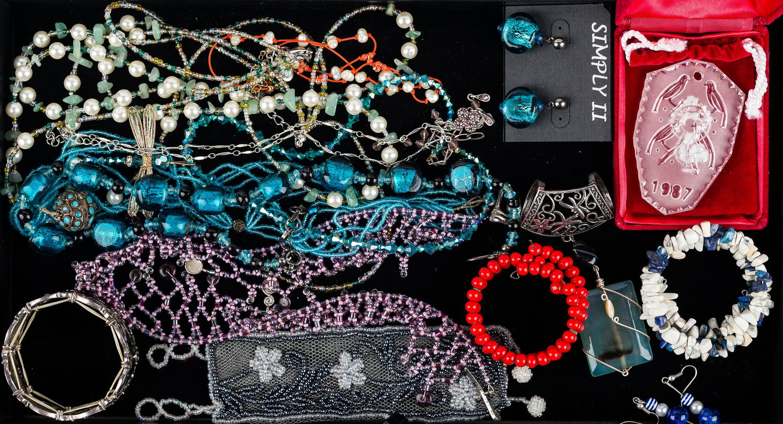 Artisan Vintage Bead Jewelry: Lot includes blue crystal with dragonfly necklace, several beaded necklaces, bracelets, and more. Lot also includes a 1987 Waterford bird ornament in original box.