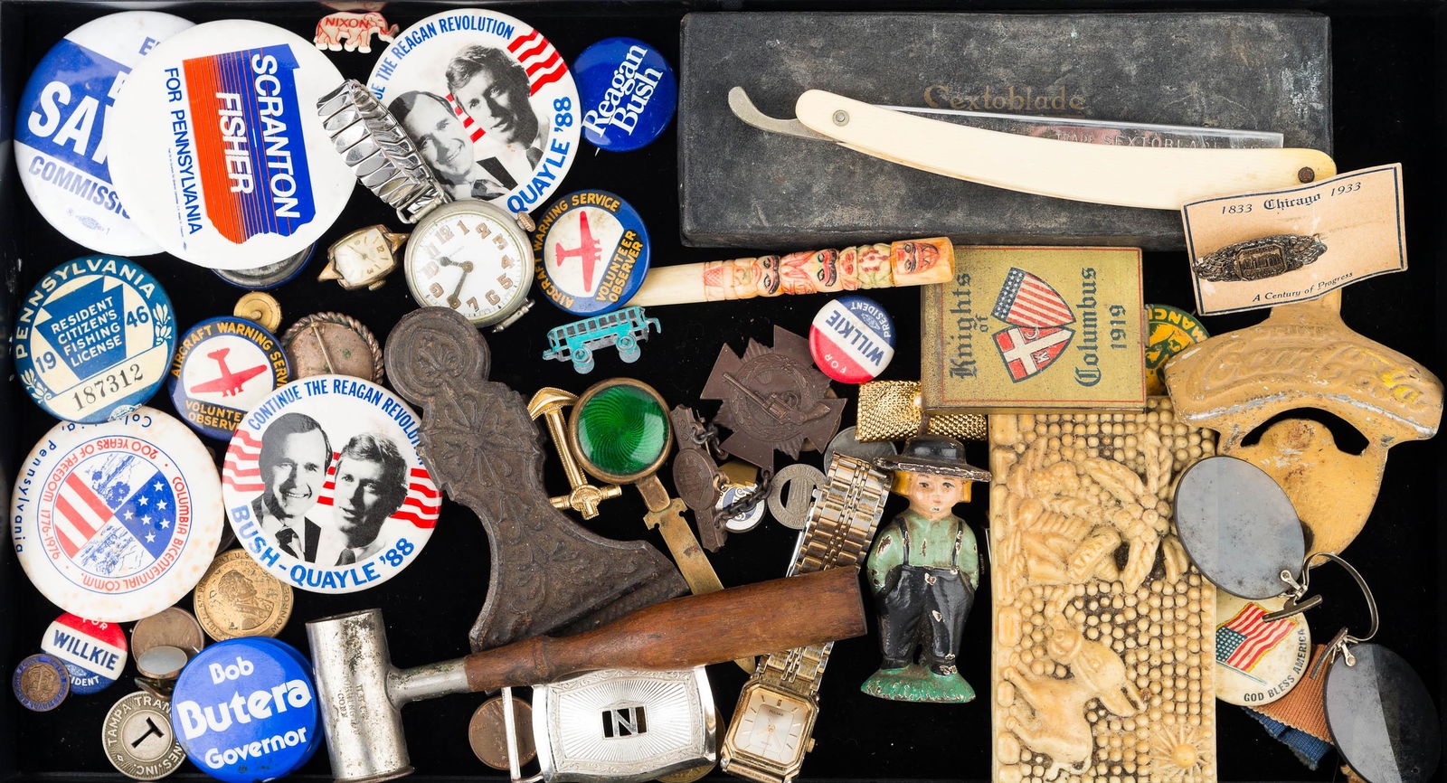 Coca Cola, Political, and More Eclectic Grouping: Natural substance straight razor and box, several political buttons, 1946 fishing license, early Coca Cola bottle opener, tokens, watches, and more.