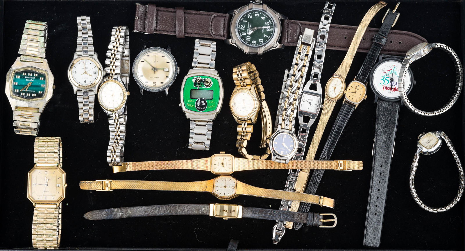 Vintage Watch Collection: Lot includes Hamilton, Pulsar, Time, John Deere, and more. Untested, various working conditions.