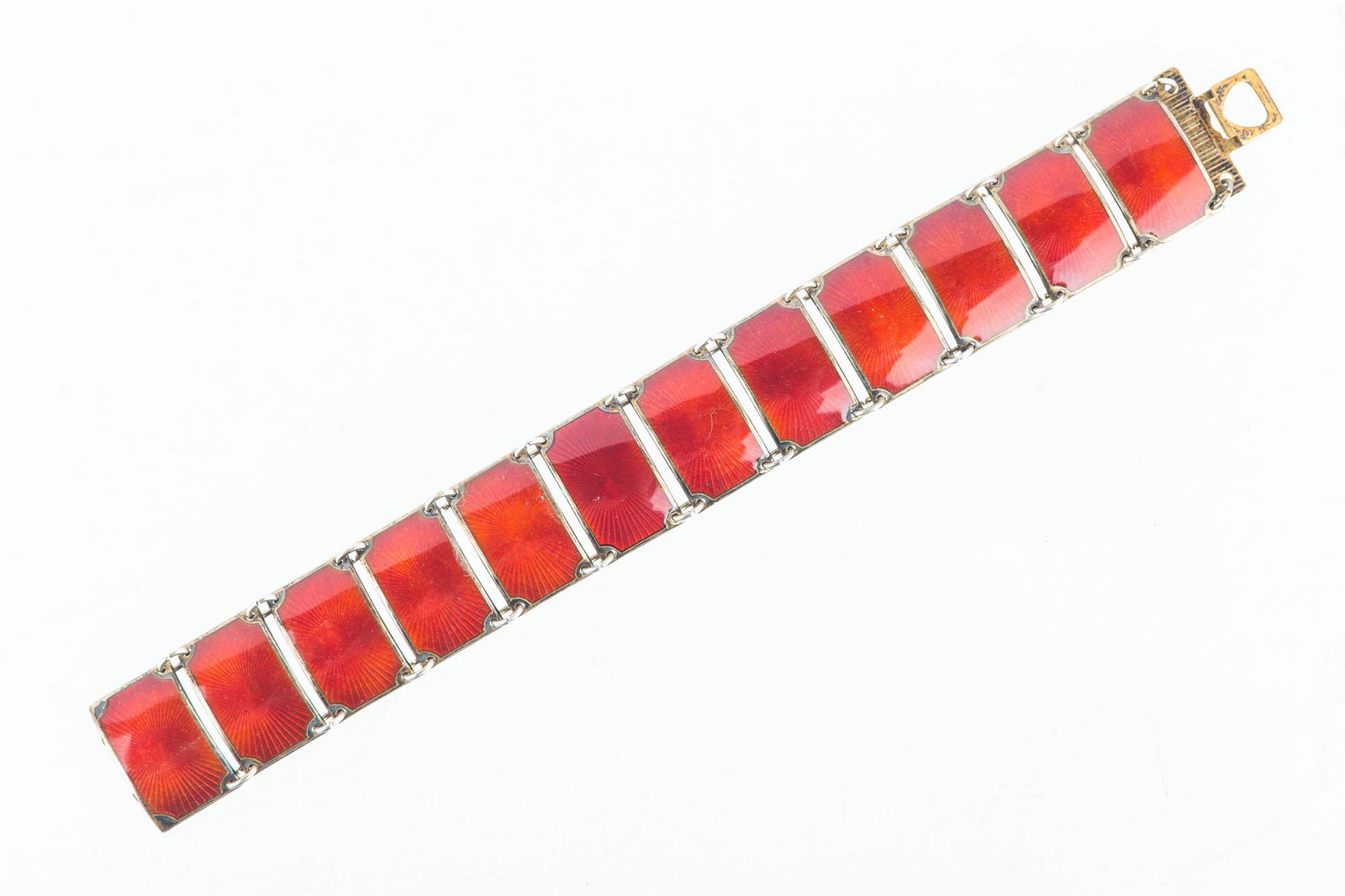 Vintage David Andersen Sterling Bracelet: Red enamel reticulated square panel bracelet, signed D Norway .925.