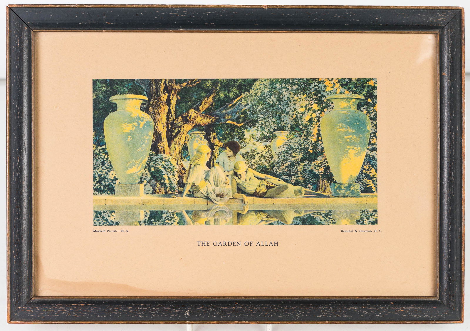 Maxfield Parrish "Garden of Allah" Print: Print measures 9"x13" OD. Slight water stain in the lower left.