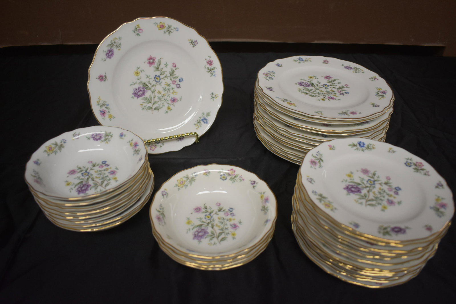 Franconia Millefleure China (36 pieces): Includes 12 salad plates (7.5-8"" D) and 12 dessert bowls (approx 5" D) and 12 bread/dessert plates (approx 6"D). Gold rim and floral pattern, marked Franconia.