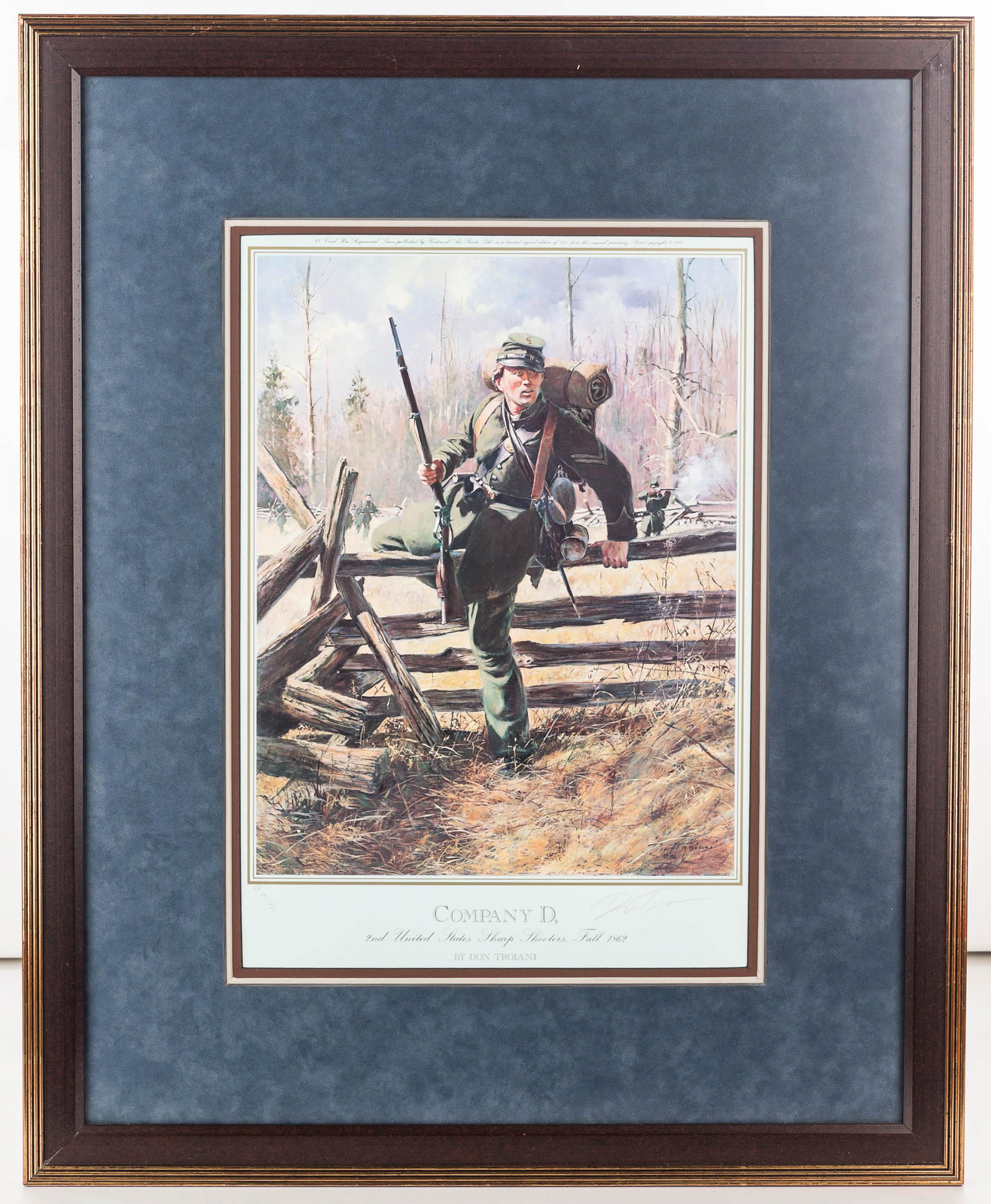 Signed Civil War Print by Don Troiani: Exposed area measures approximately 18"H x 12"W. Print titled "Company D, 2nd United States Sharp Shooters, Fall 1862". Hand signed lower right. Professionally framed.