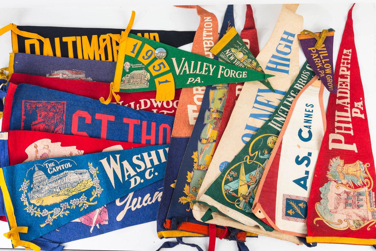 15 First Half 20th Century Pennants: Pennants Include Ringling Bros circus, Willow Grove, Park Only High, Wildwood NJ, A.S Cannes, Haiti, St Thomas, Valley Forge 1951, Baltimore Maryland, and others