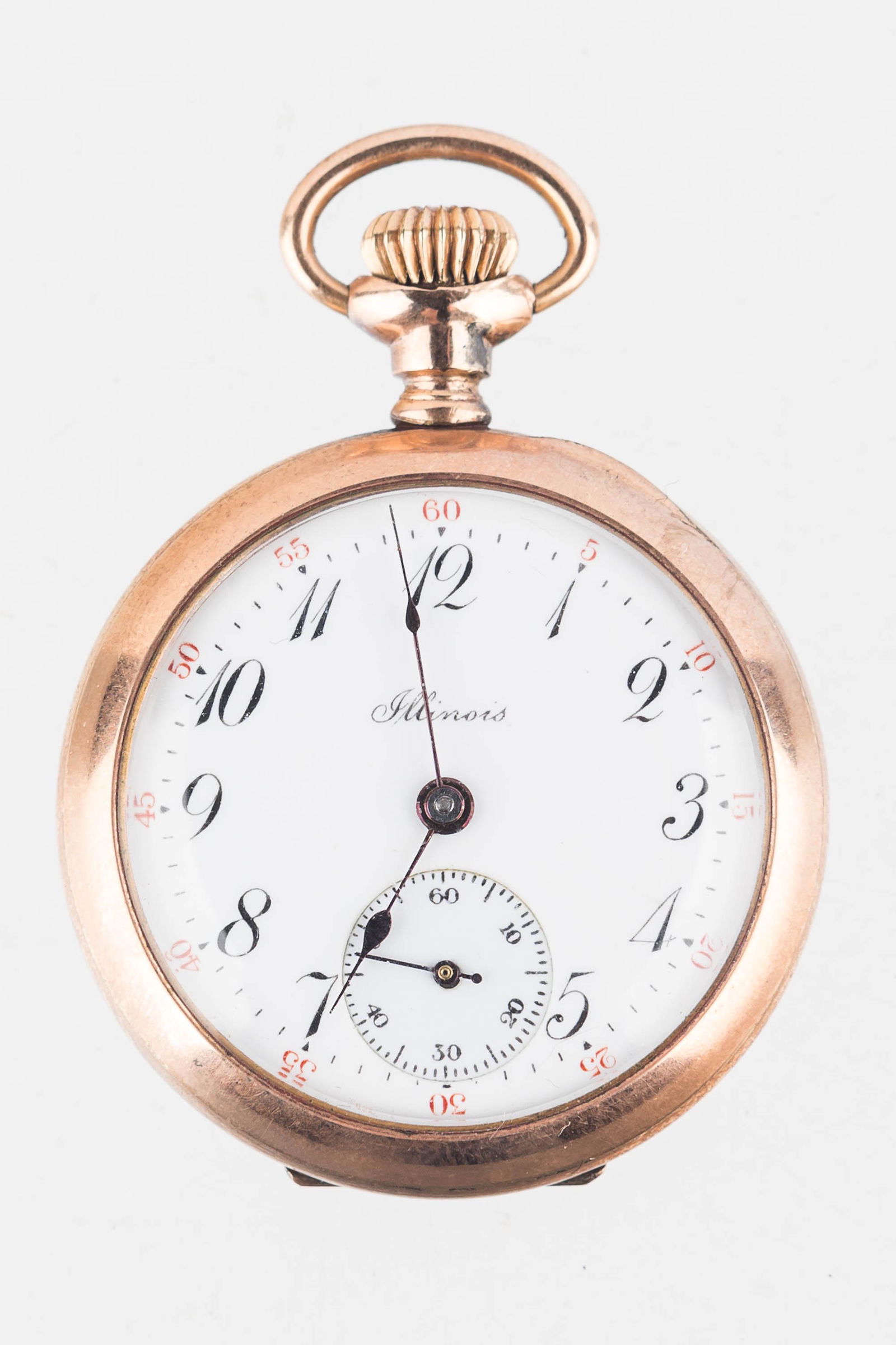 Illinois Orient Pocketwatch: Item measures approximately 1.25" diameter. Porcelain face with second hand, interior of case is marked "Orient Guaranteed 10 Years" and numbered "3845197". Works are marked "Illinois Springfield 11 J