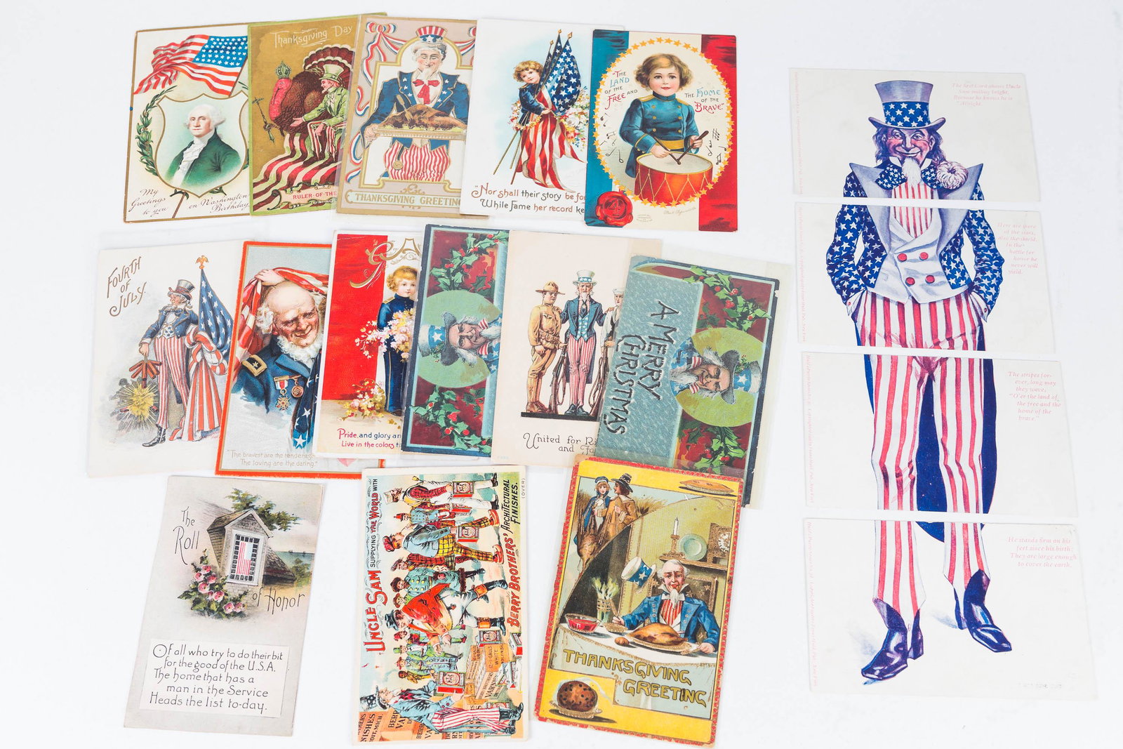 Uncle Sam and Patriotic Postcards, Early 20th C: Lot includes Thanksgiving Day cards, general patriotics, Washington's Birthday card, a 4-piece Uncle Sam postcard set, 4th of July, and other cards. Total of 18 patriotic postcards.