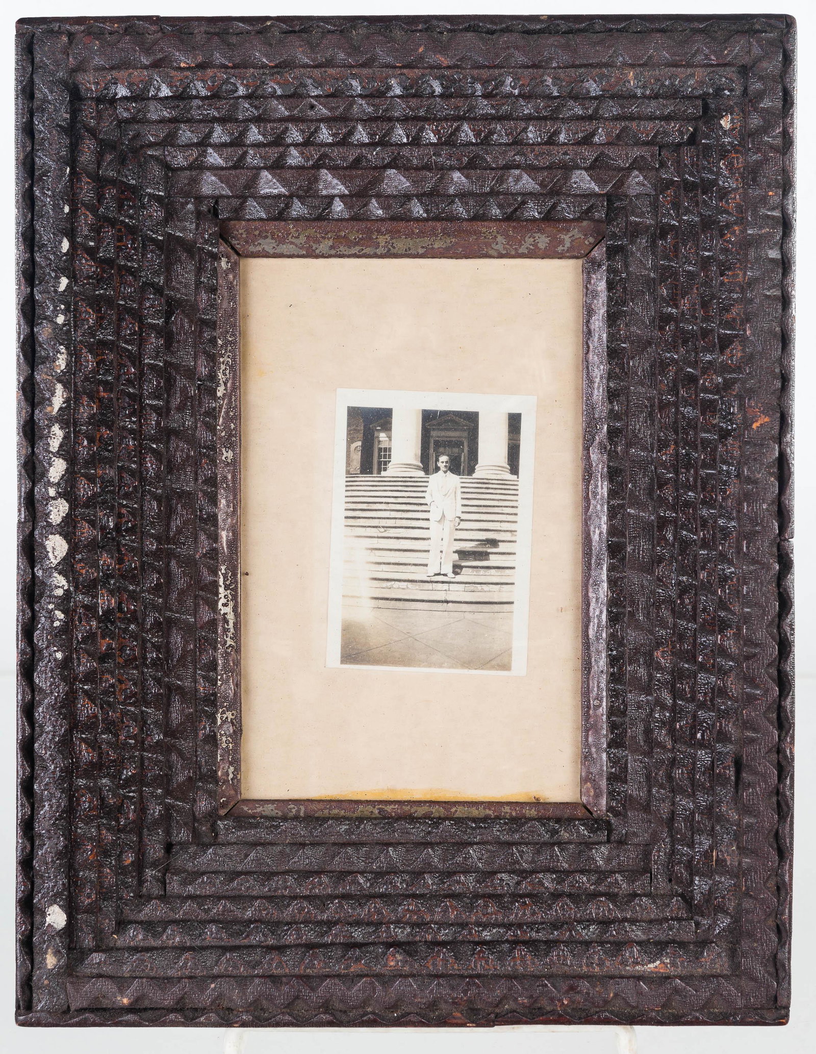 Vintage Tramp Art Picture Frame: Frame measures approximately 12"H x 9"W. 7 layers of tramp art, and original crackled varnish surface.