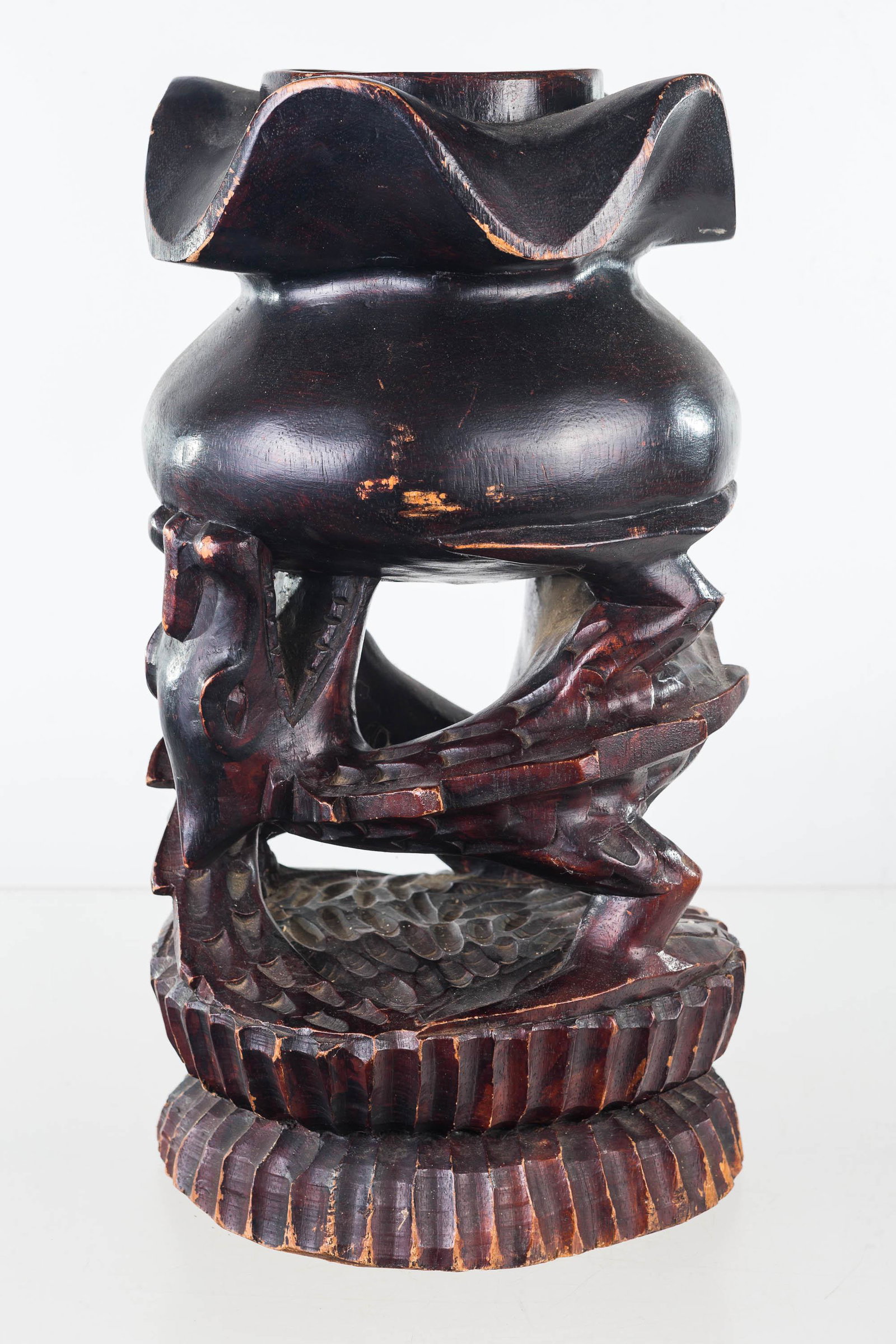 Hand carved Wooden Dragon Vase: Item measures approximately 14"H. Dragon lifting a bowl, which is a vase. Hand carved from a single piece of wood, item shows minor common scuffs but no other visible flaws.