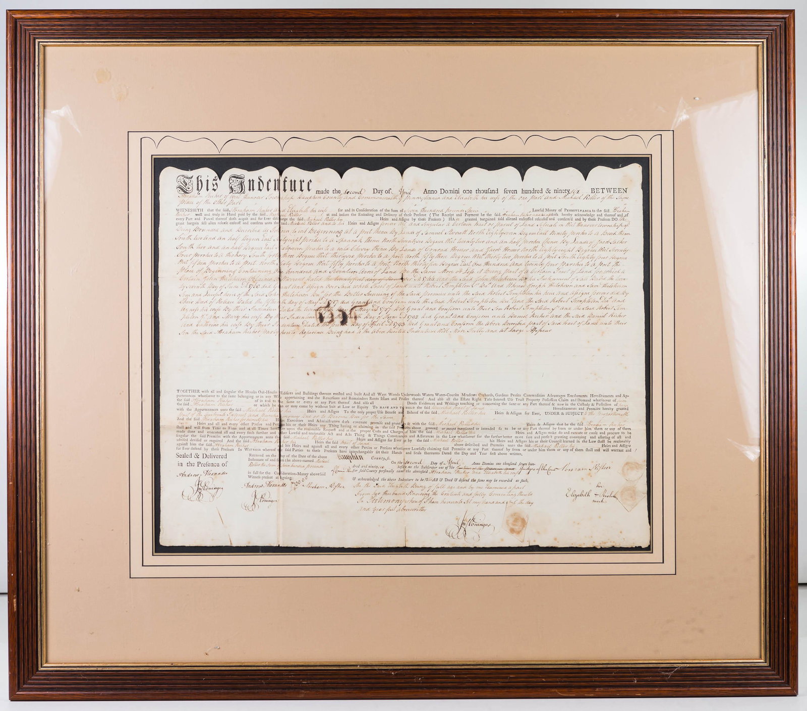 1796 Indenture from West Hanover Township: Indenture measures approximately 17"H x 21.5"W. It is between Abraham Risher and Michael Keller. Item has various other signatures at bottom, and it is a Dauphin County certificate. Separation at two 