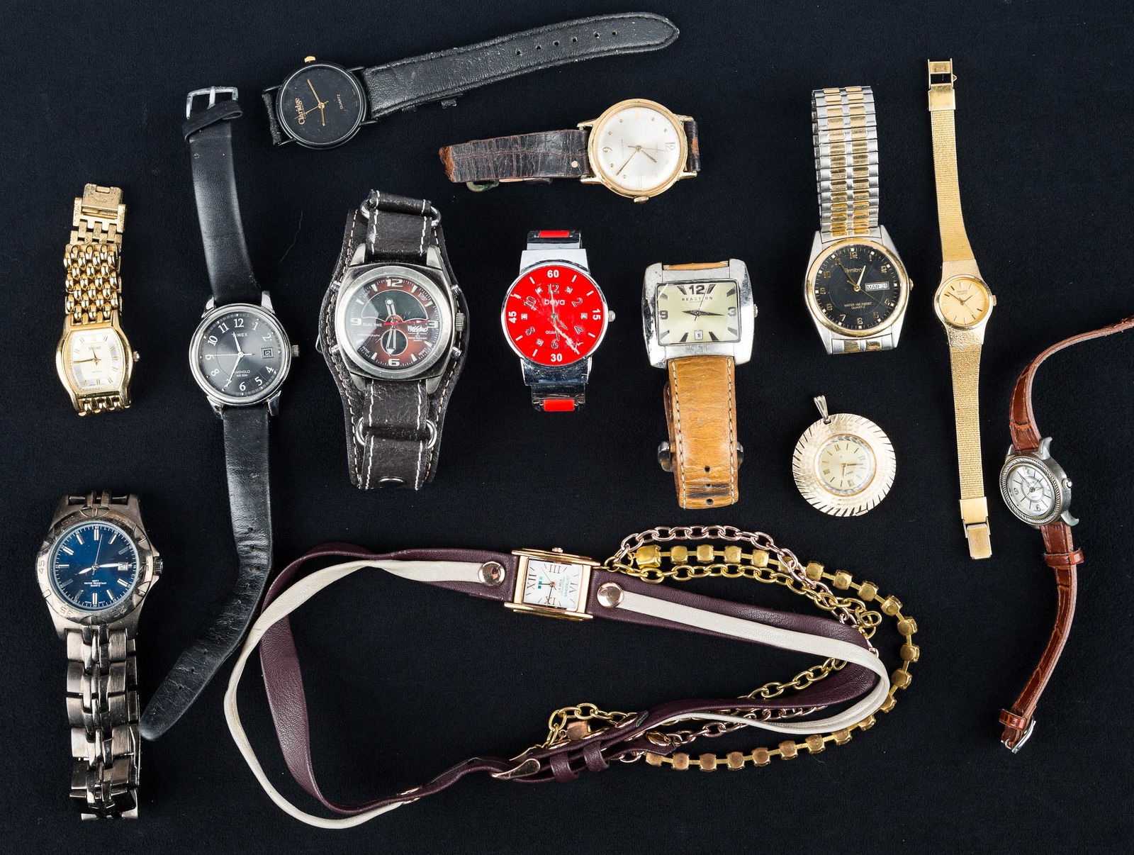 Vintage and Contemporary Watches: Men's watches include Reaction with day and brown leather band, Armitron with day and date, Nicolet with Japan movement and mesh gold tone band, and others. Lot also includes a ladies' starlight penda