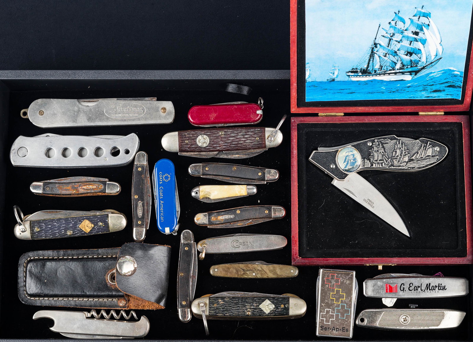 Collection of Pocket Knives: Three Boy Scouts knives, a tall ship motif knife in case, a Sportsman stainless steel folding knife, and many others.