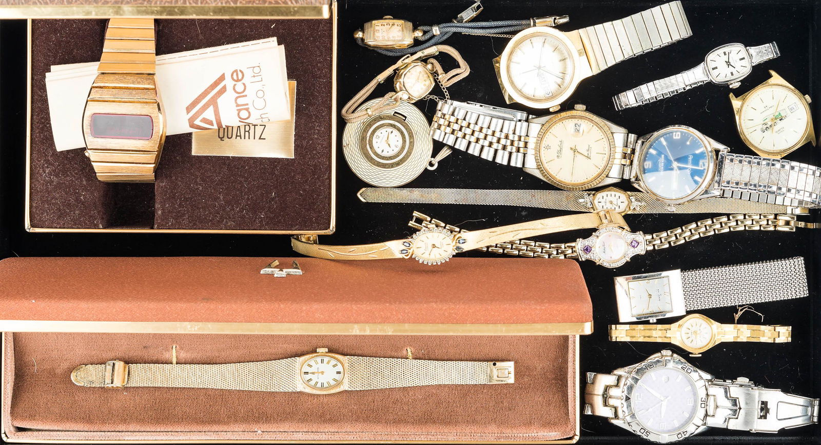 Watches for Men and Women: ladies Bulova Accutron in original box (10K gold filled ), ladies Deuville Diamond Armitron Quartz, ladies Caravelle pendant watch with skeletal back marked Swiss, ladies Waltham Incabloc 17 Jewel mar