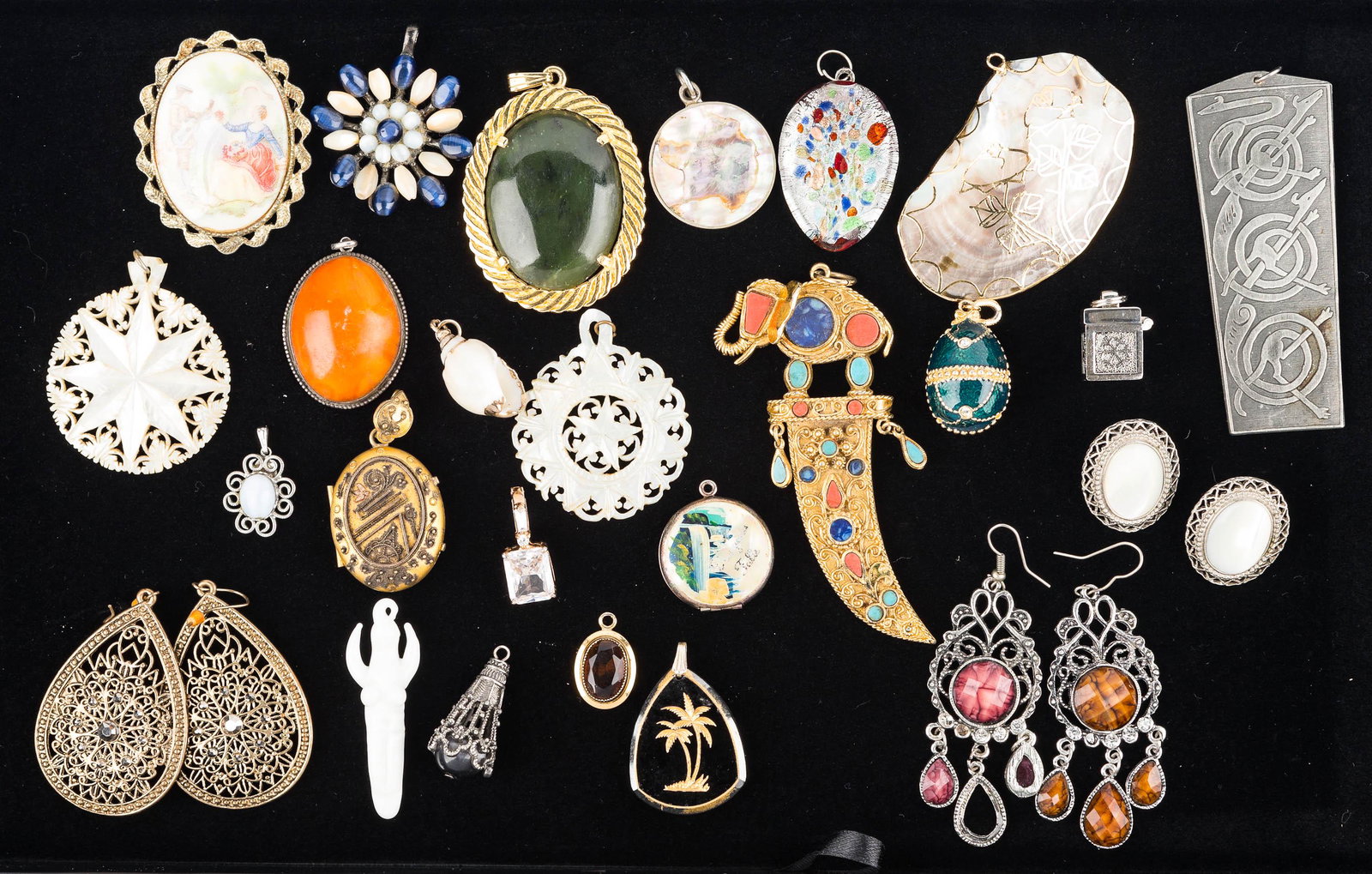 Collection of Pendants: small pendant with large faceted crystal marked Roman, small pendant with amber stone marked Coventry, enameled pendants, ornate Victorian type locket, egg shaped enameled pendant, other pendants and 