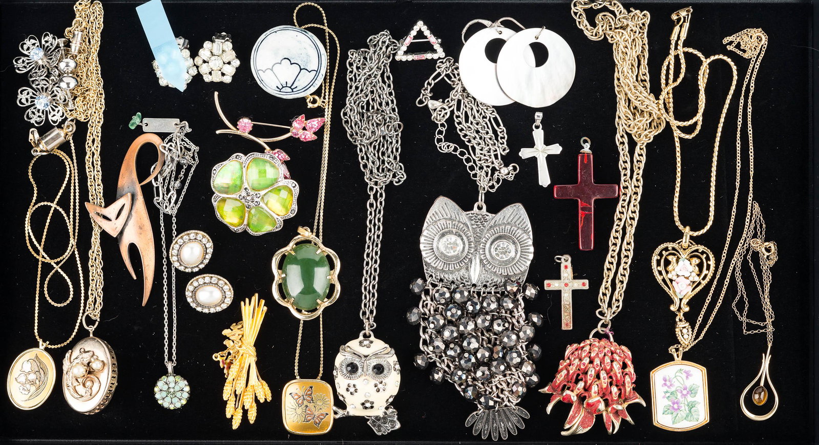 Mixed Costume Jewelry: 2 Reed and Barton pendants on chain, locket with dragon on chain, two owl necklaces, floral pin with large green stones, and other costume jewelry.