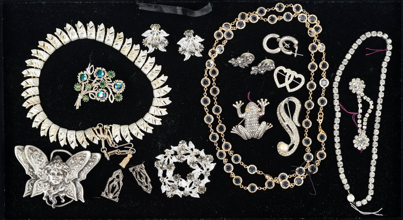 Rhinestone ad Other Costume Jewelry: rhinestone leaf brooch and earring set with smoky quartz stones, floral rhinestone pin with multicolor stones marked Lisner, delicate rhinestone necklace, other rhinestone jewelry, frog pin, gold tone