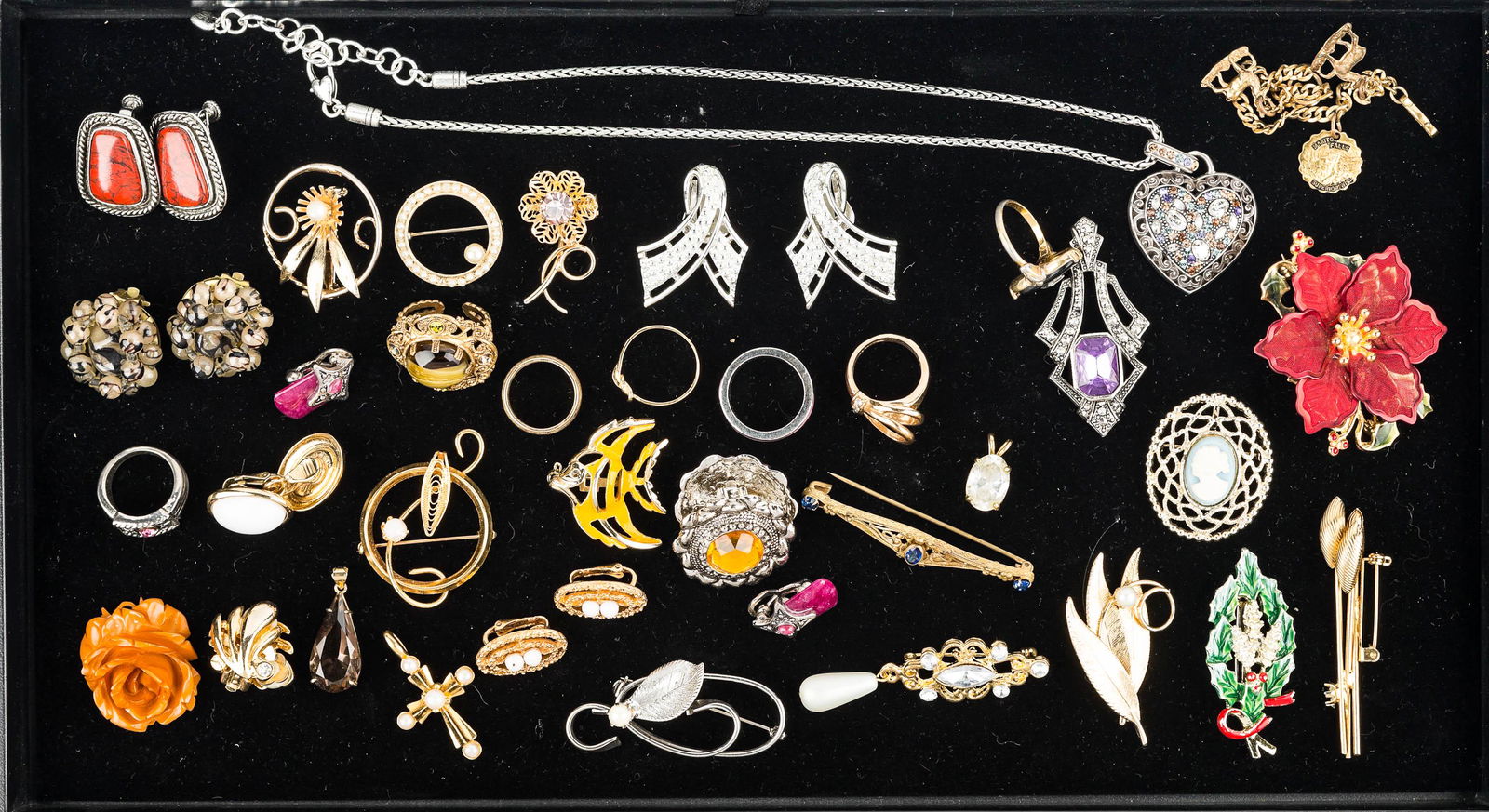 Designer and Other Costume Jewelry: Trifari clip earrings with large white stones, Emmons silver tone rhinestone earrings, gold tone clip earrings with faux pearls marked Coventry, silver tone clips with mottled red stones marked Goldet