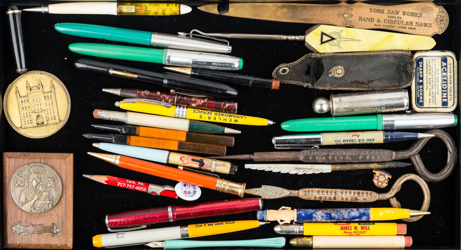Fountain Pens, and Advertising Pens and Pencils: vintage red mottled body fountain pen, black fountain pen, other fountain pens, mottled burgundy pencil, 2 Bakelite type twisting pencils, bullet pencil with advertising, ice picks, fountain pen with 