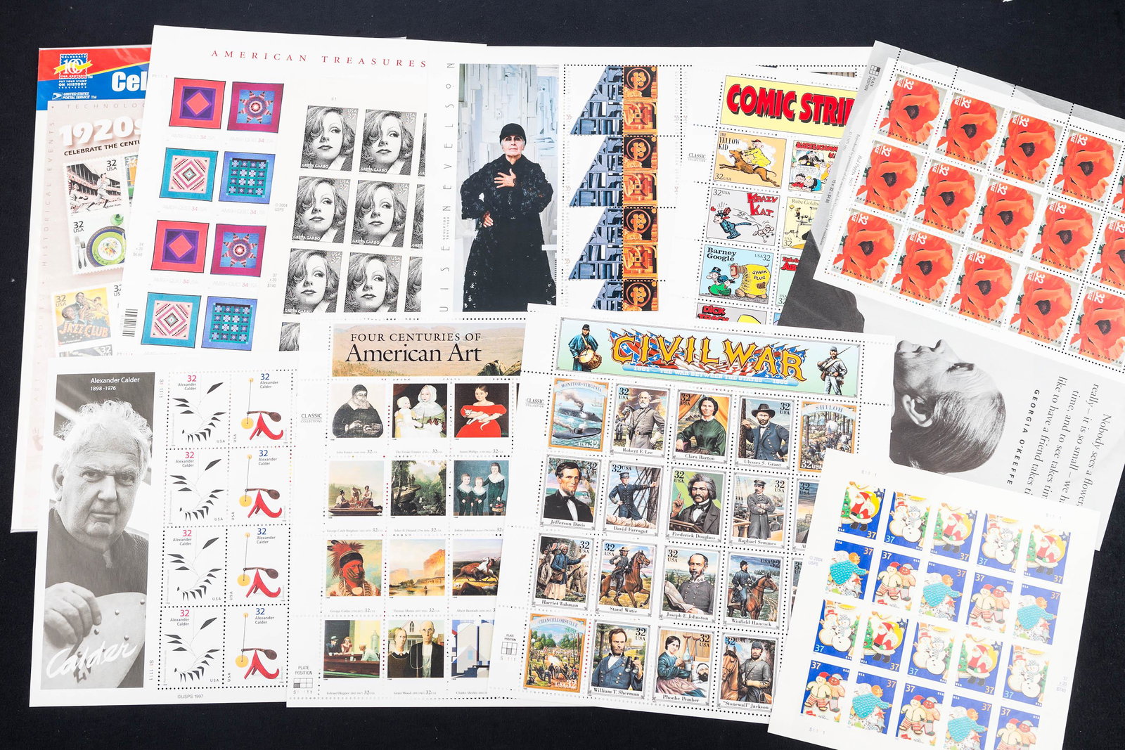 10 Sheets US Collectible Postage Stamps: Civil War 32c, 4 Centuries of American Art 32, Alex Calder 32c, Comic Strip Classics 32c, and various others.