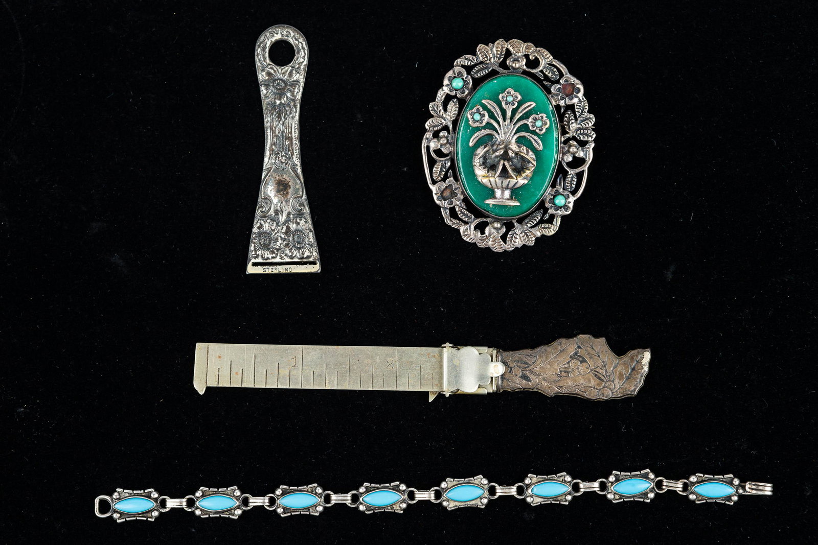 Vintage Eclectic Sterling Collection: Mexican sterling green onyx and turquoise floral urn brooch (2 missing tiny round turquoise) signed Pedreno Mexican Sterling, and turquoise bracelet, two Victorian sterling items.