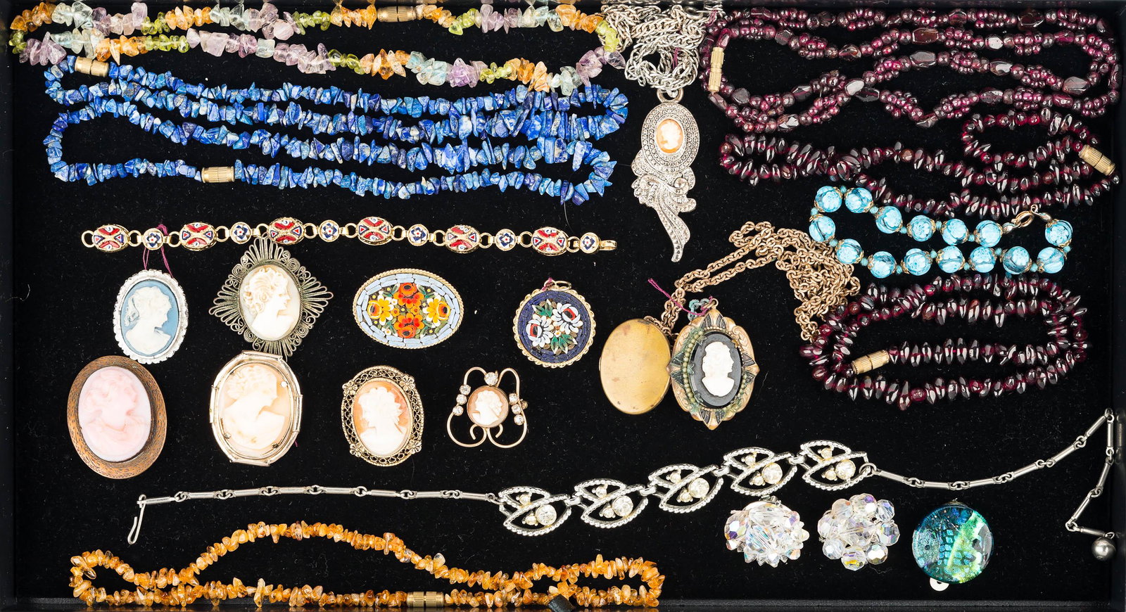 Cameos, Micro Mosaic and Stone Jewelry: Six cameos (one is a locket on chain), 2 micro mosaic floral pins, delicate micro mosaic bracelet, necklace with clear rhinestones, lapis style stone necklace, purple mineral necklaces, and other qual