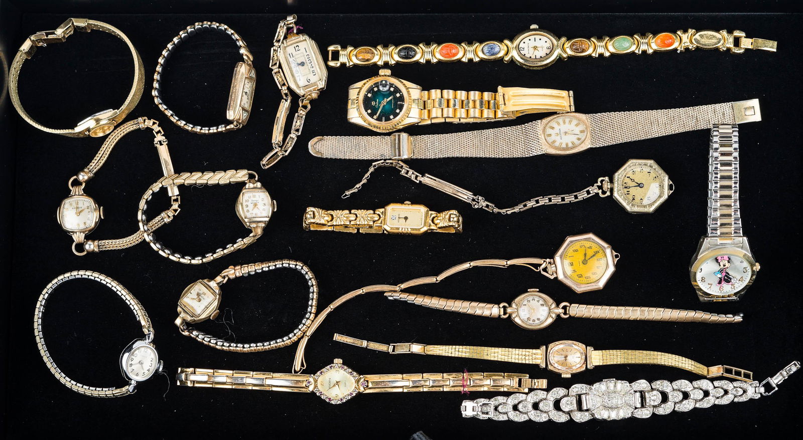 Collection of Ladies' Watches: vintage Monarch marked Swiss with rectangular face, Wittnauer marked Swiss Movement with accent stone and gold tone body and band, vintage Croton, Elgin with rhinestone surround, Sleda gold filled wit