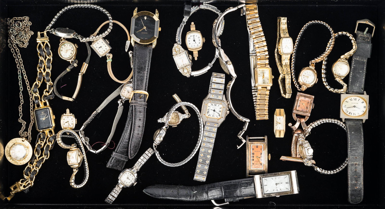 Collection of Ladies Wrist Watches: vintage Parker marked Swiss, vintage Fairfax 17 Jewel marked Swiss, Bulova Quartz marked Swiss, Pierre Cardin, Leora pendant watch, Chanel with gold tone and leather band, lady Elgin, Caravelle with s