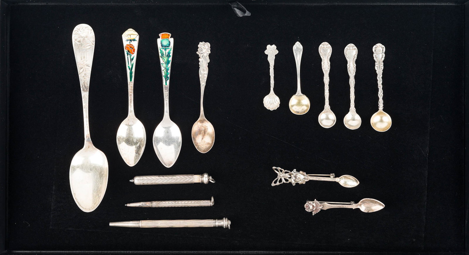 Sterling Spoons and Sweater Pencils: Three vintage sterling sweater pencils, two sterling spoons with floral enameling marked Richard Hemsley Ltd Sterling, a sterling table spoon, a sterling baby spoon, and 7 sterling salt spoons (tow ha