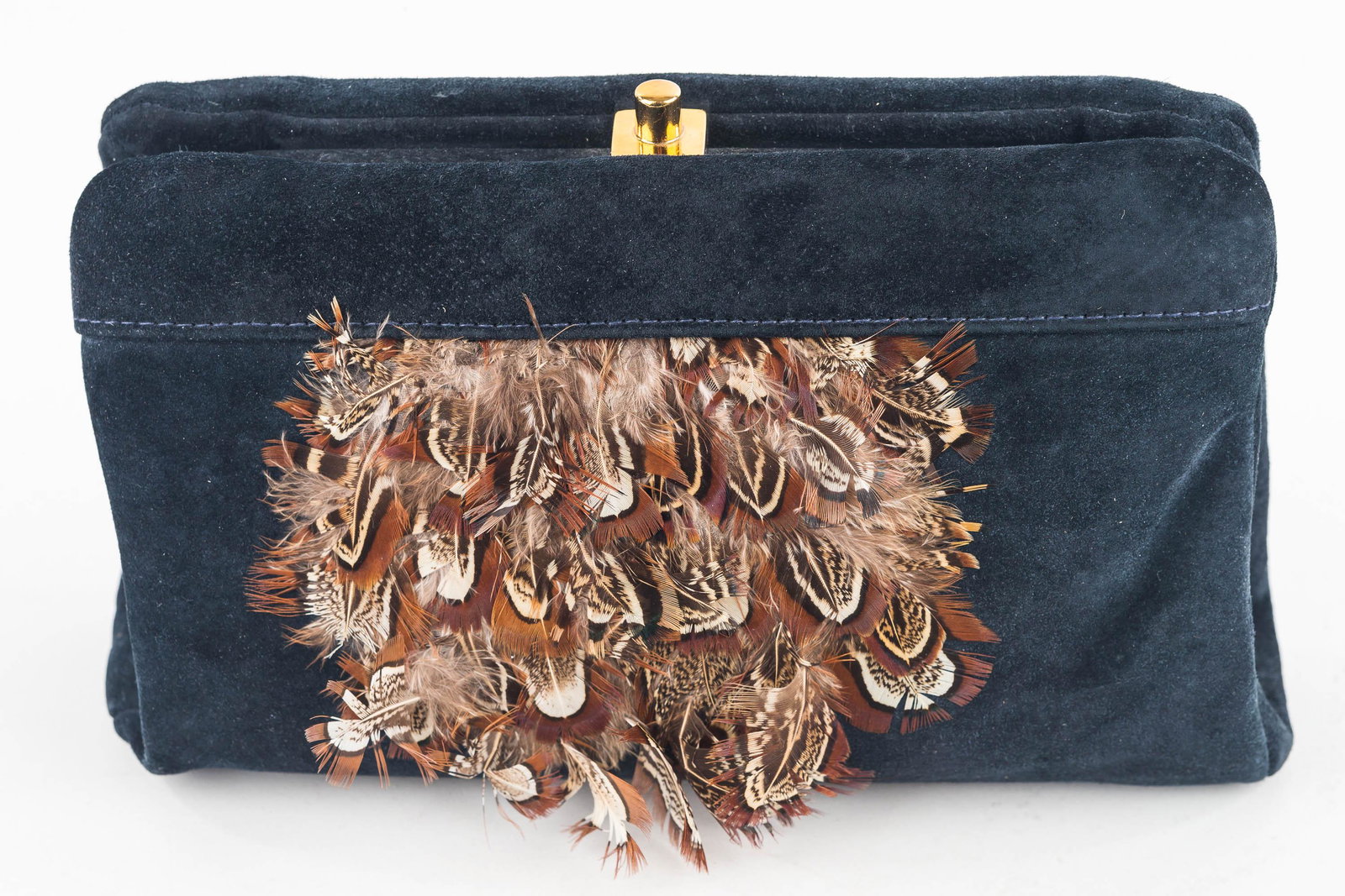 Vintage Ruth E. Saltz Suede and Feather Clutch: This is a vintage suede clutch/purse in deep navy with gold tone hardware and quail feather accents. It measures approx 6" x 9" and has a gold tone chain approx 41", a gold clasp and inner zippered po